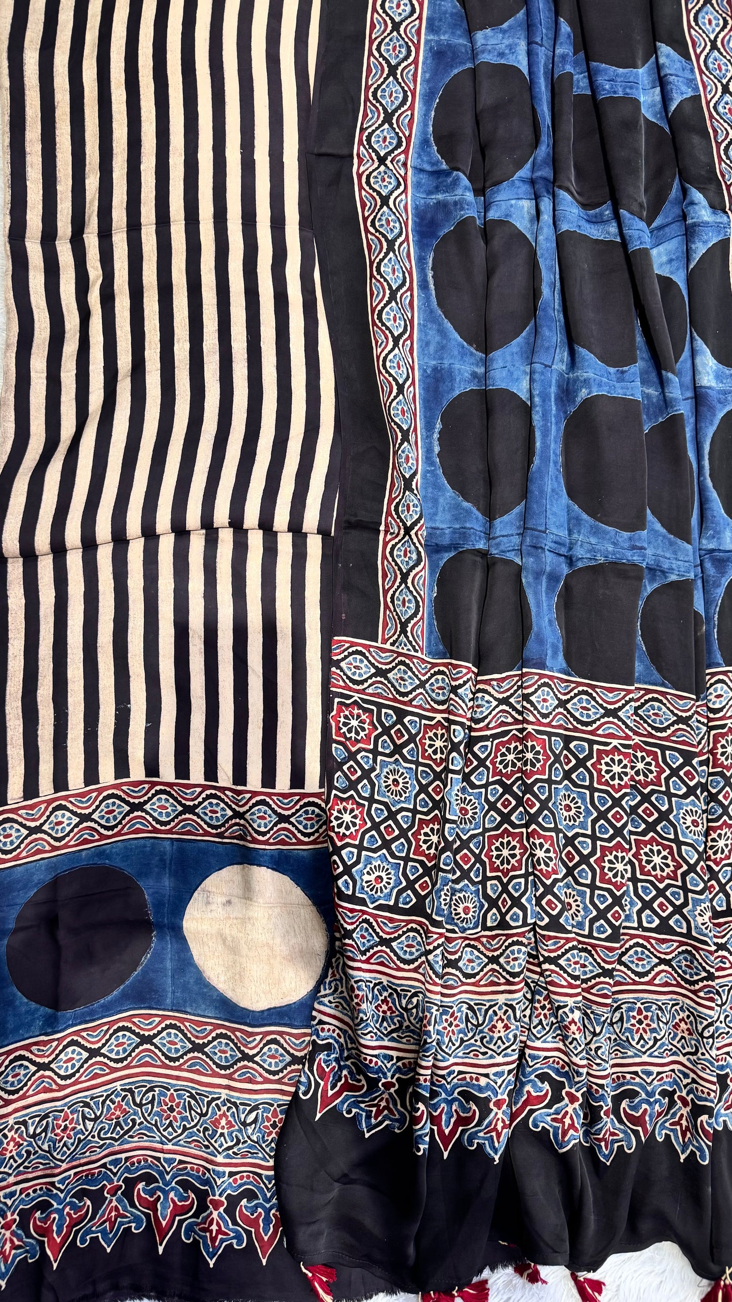 Black and Off White Moti Dhaari Motif Pure Modal Silk Suit Material with Ajrakh Modal Silk Dupatta