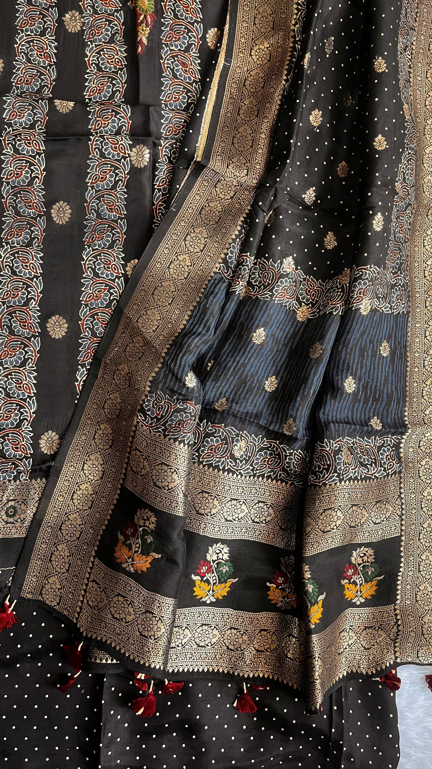 Royal Black Dhaari Boota Pure Dola Silk Ajrakh Hand Block Print 2pc Suit Material Set with Menakari Yoke and Nakkashi Dupatta