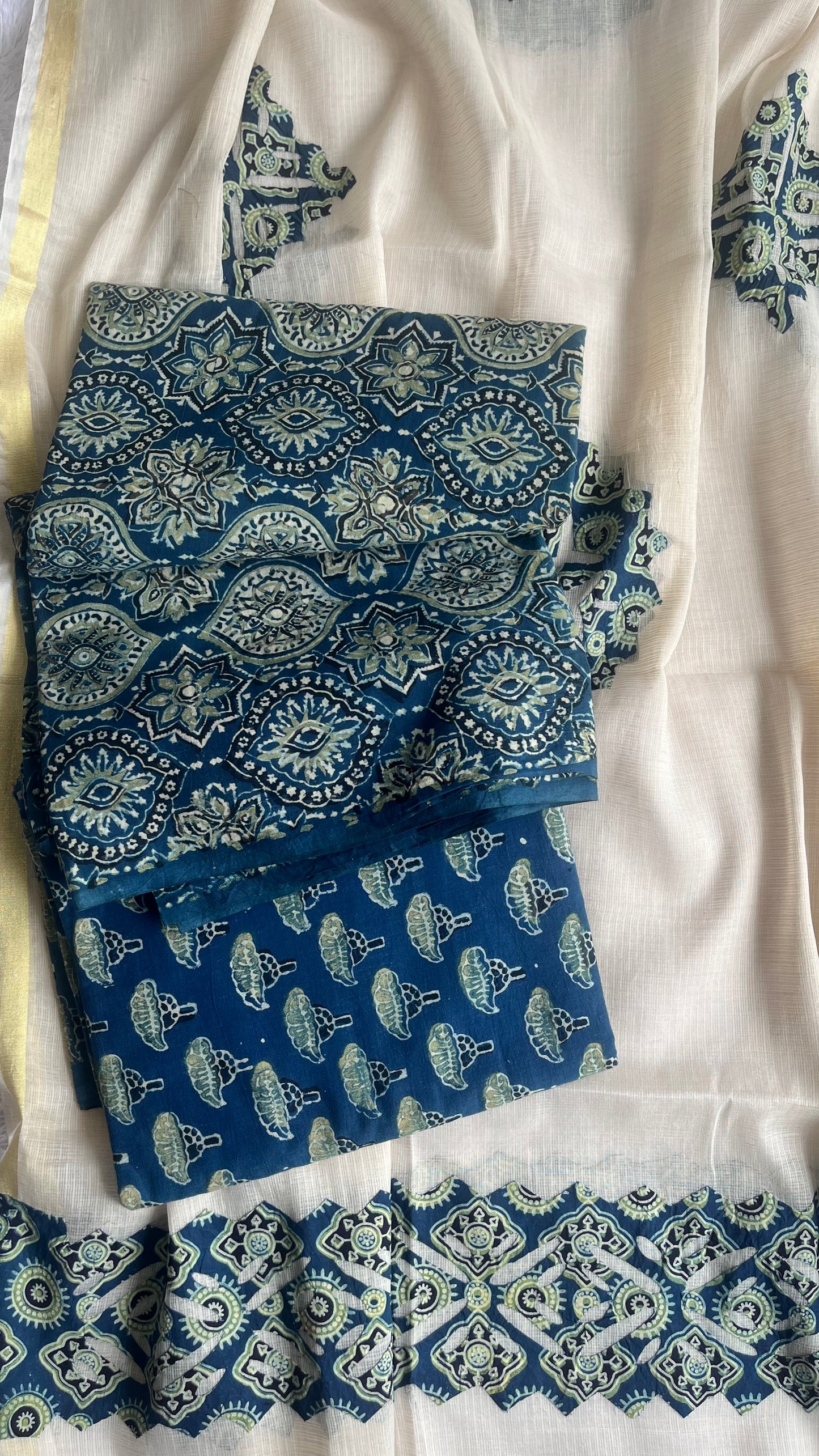 PIndigo Badaam Buti Pure Cotton Ajrakh Unstitched Suit Set with Ajrakh Applique Kota Dupatta a