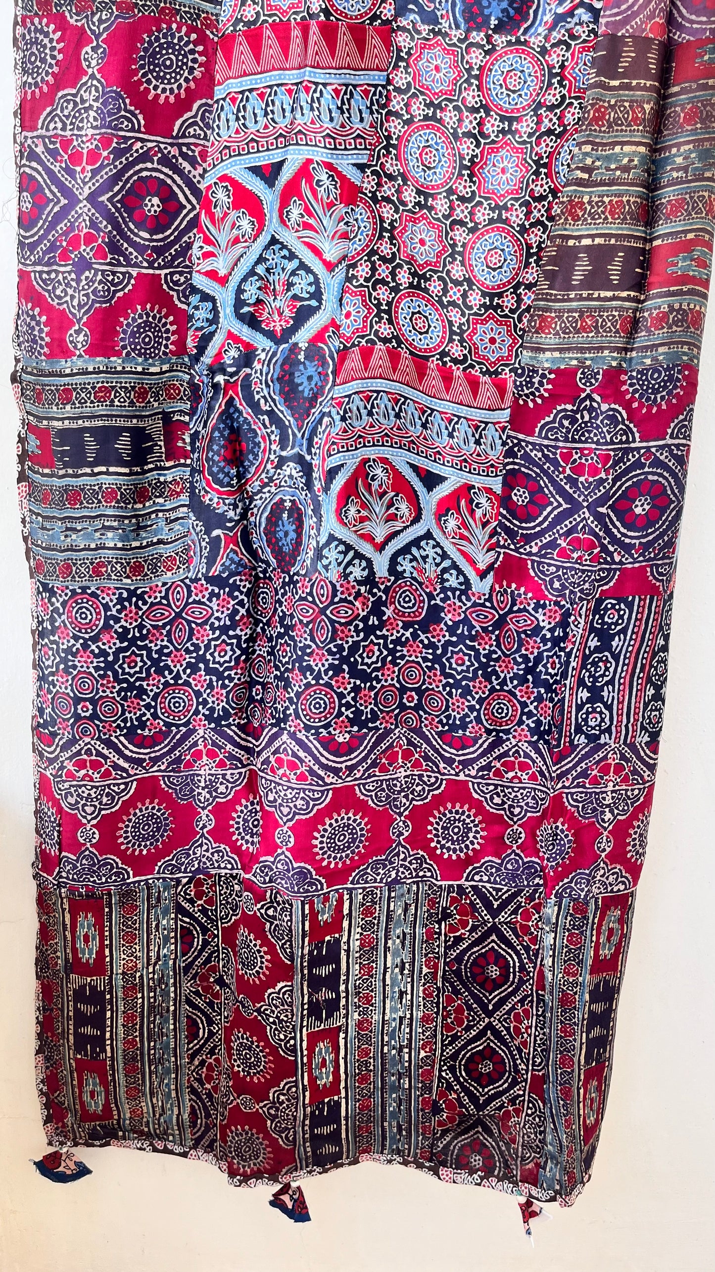 Deep Maroon Multicoloured Ajrakh Applique Patchwork Modal Silk Kantha Work Dupatta with Tassels and Mirror-work