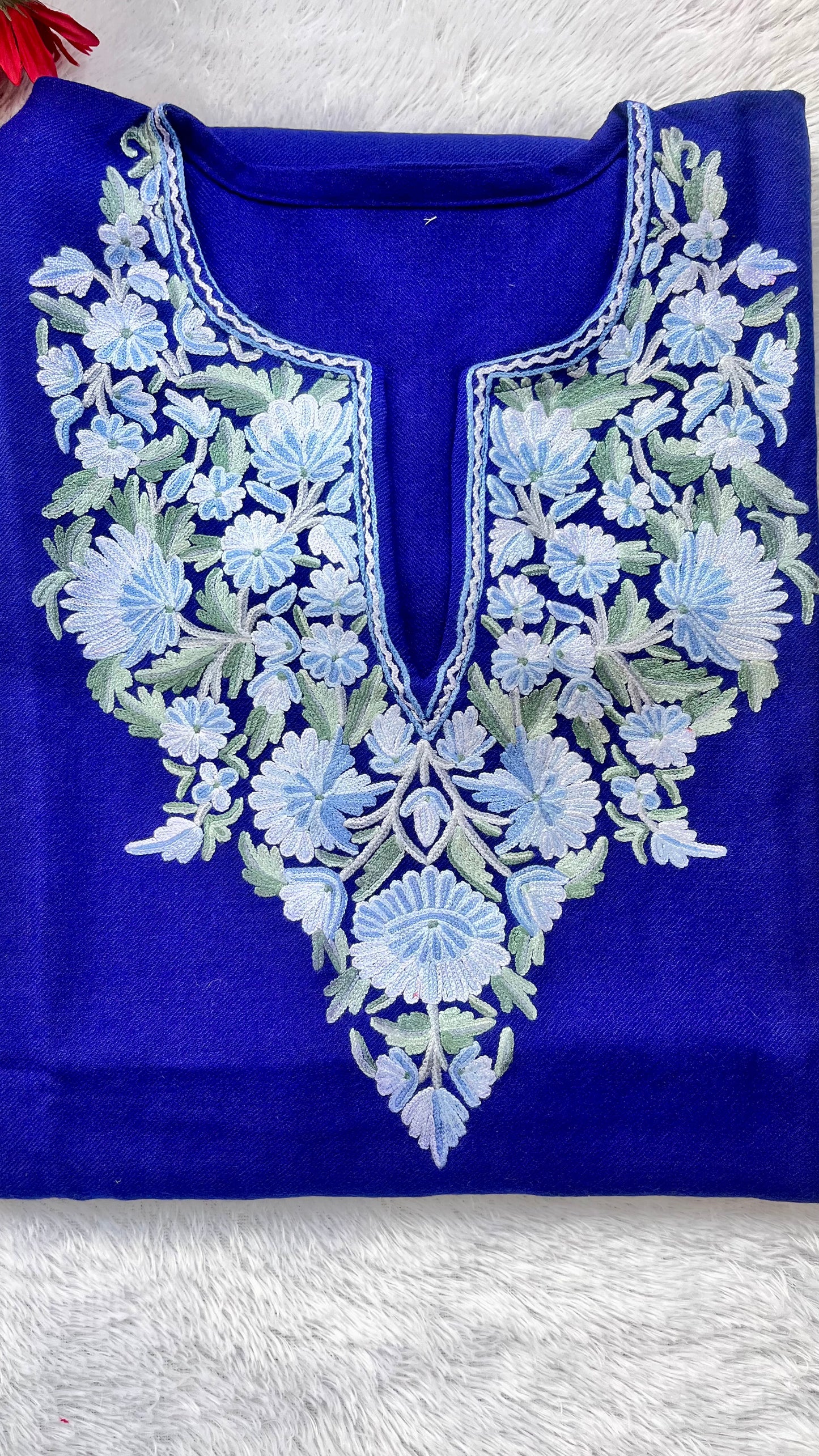 Ink Blue Aari Hand Embroidered Pure Marino Wool Pheran with Pockets