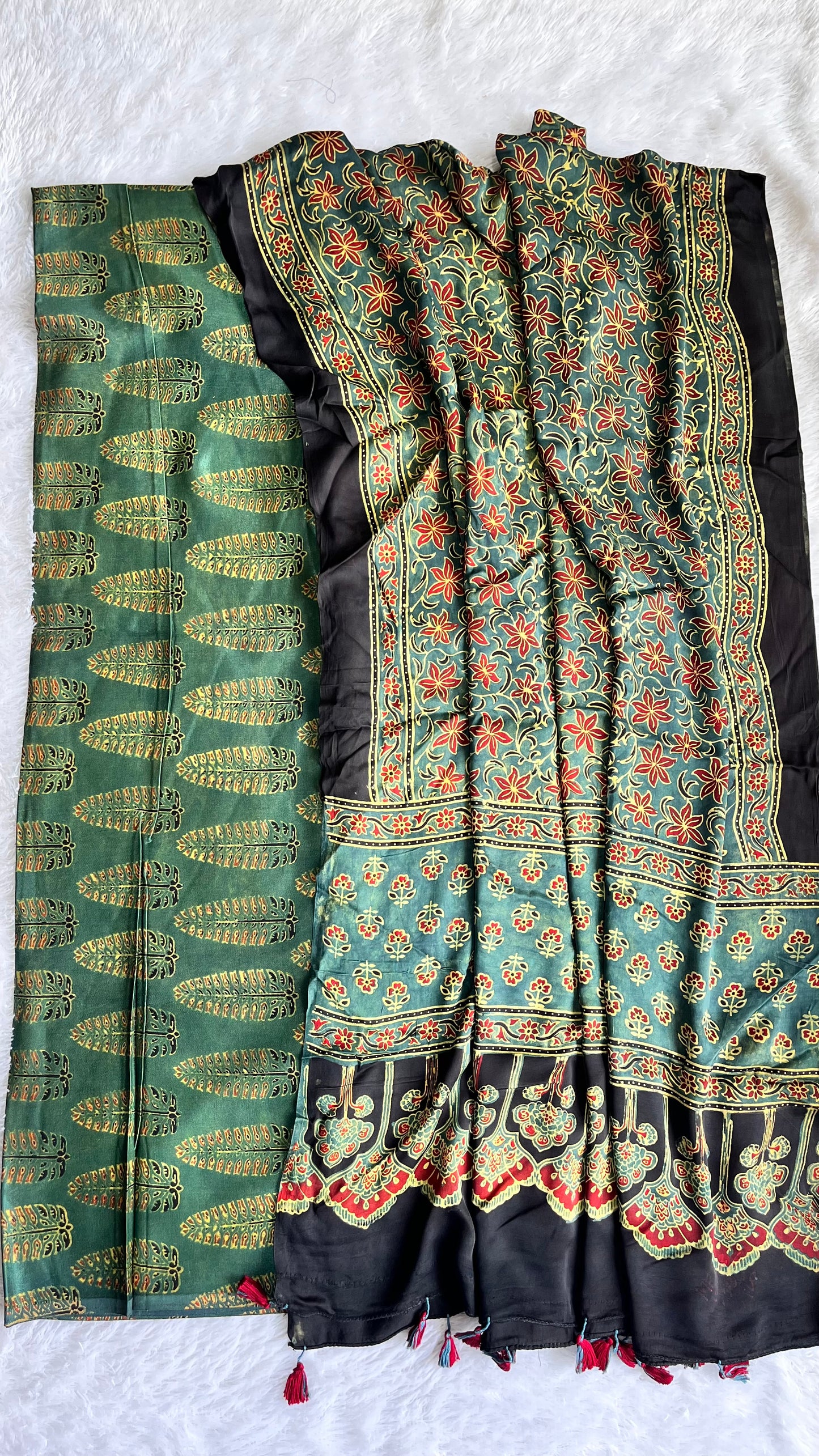 Bottle Green Asopallav Motif Ajrakh Mashru Silk 2pc Suit Set Material with Modal Silk Dupatta