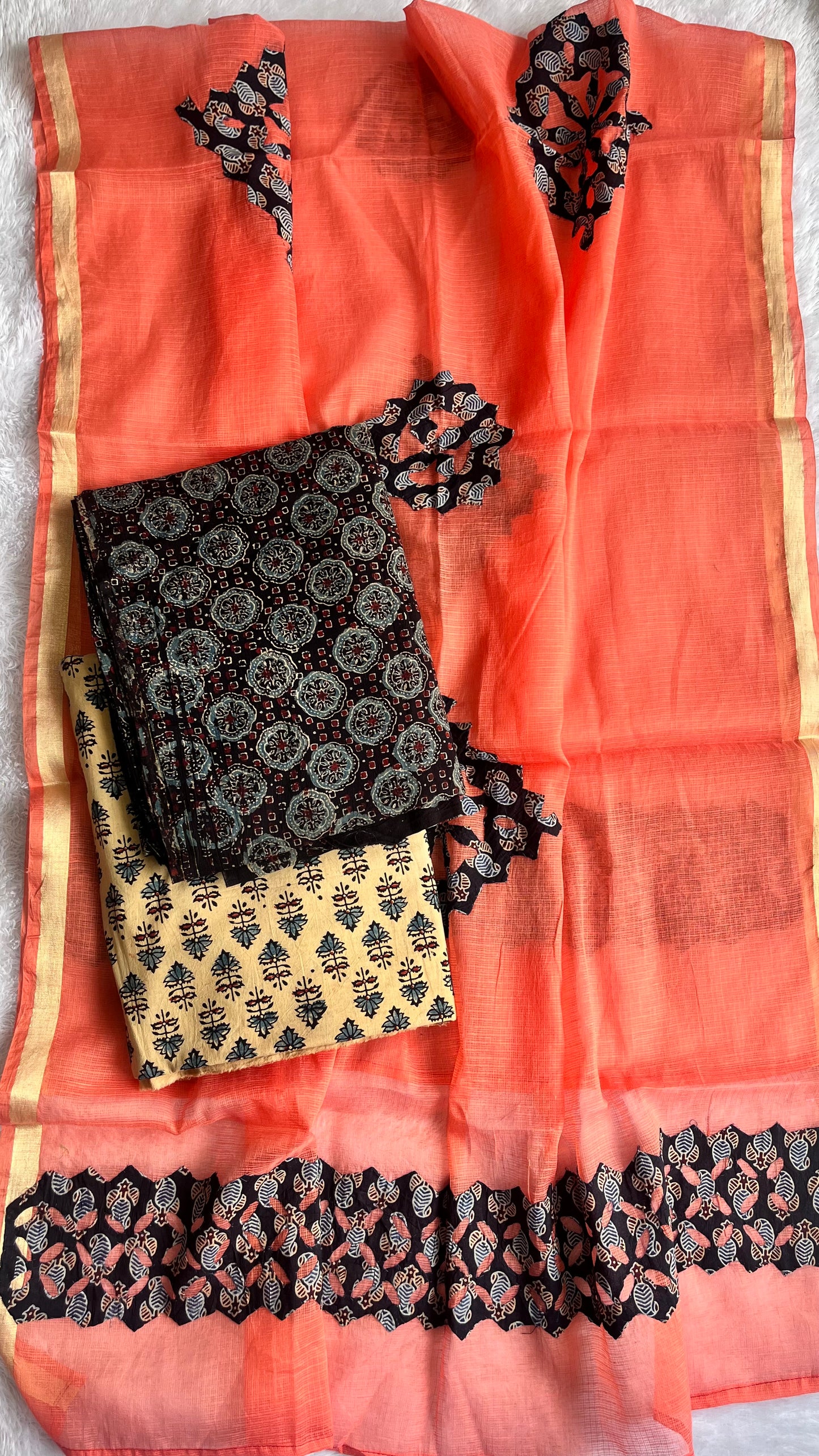 Pure Cotton Ajrakh Unstitched Suit Set with Ajrakh Applique Kota Dupatta