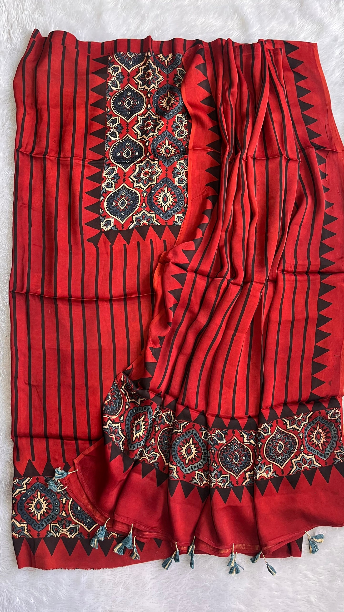 Deep Maroon and Black Badaam Buta Motif Modal Silk Ajrakh Hand Block Print 2pc Suit Set