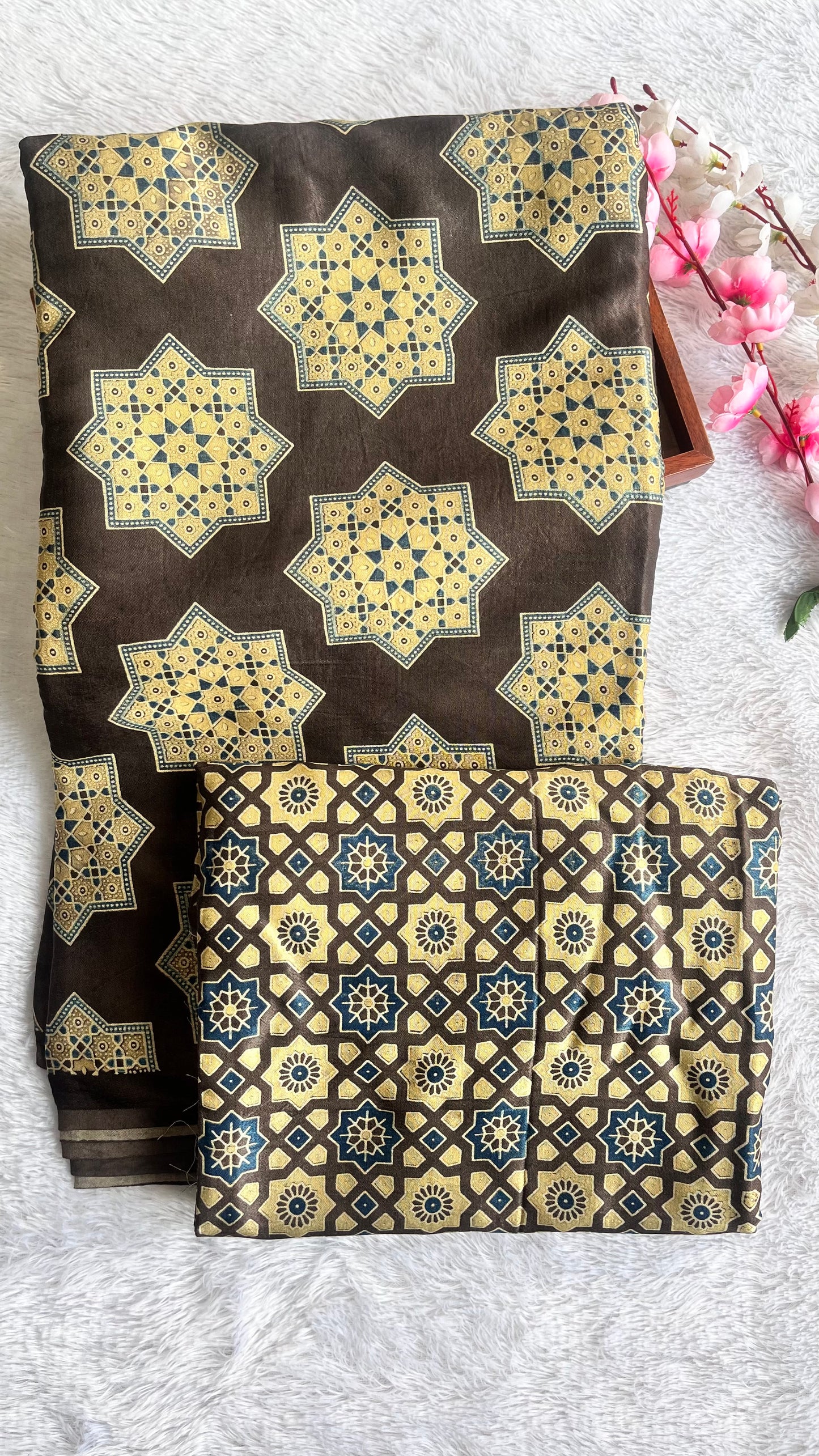 Coffee Brown Star Motif Ajrakh Mashru Silk Kurta Pant Fabric
