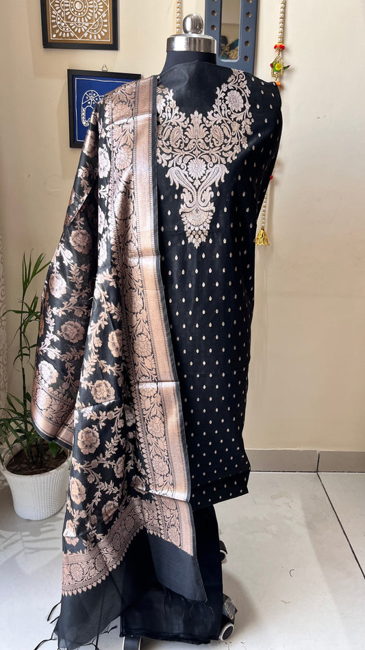 Mesmerising Black Shade Banarasi Silk Cotton 3-Piece Suit with Banarasi Woven Yoke & Dupatta