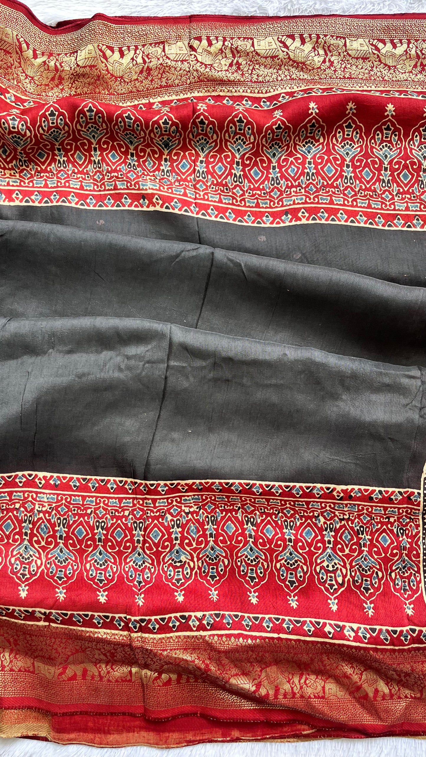 Black and Red Solid Buta Motif Ajrakh Hand Block Dola Silk Saree with Zari Pallu (With Blouse)