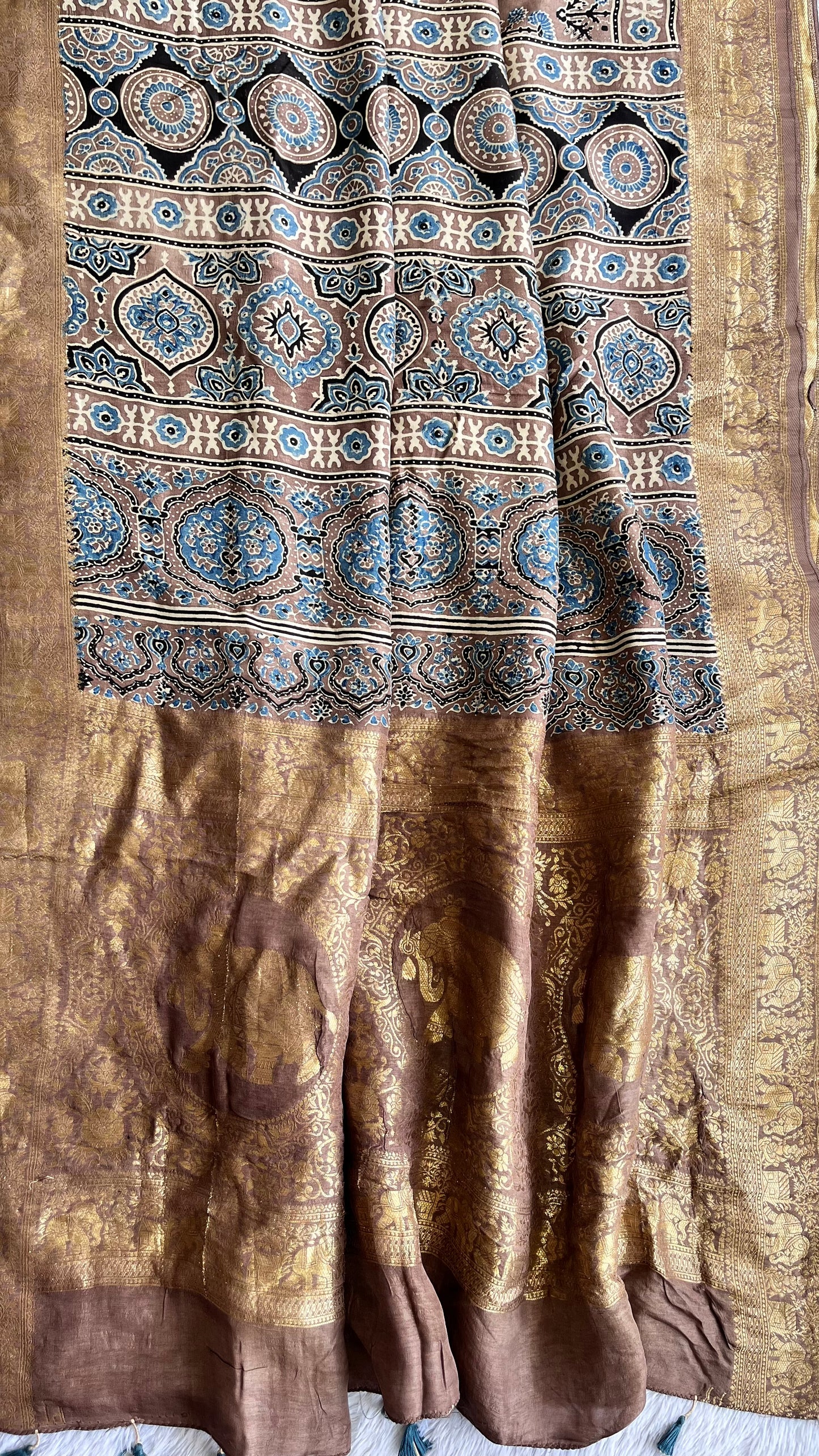 Earthy Brown Mugal Buta Motif Ajrakh Hand Block Dola Silk Saree with Zari Pallu (With Blouse)