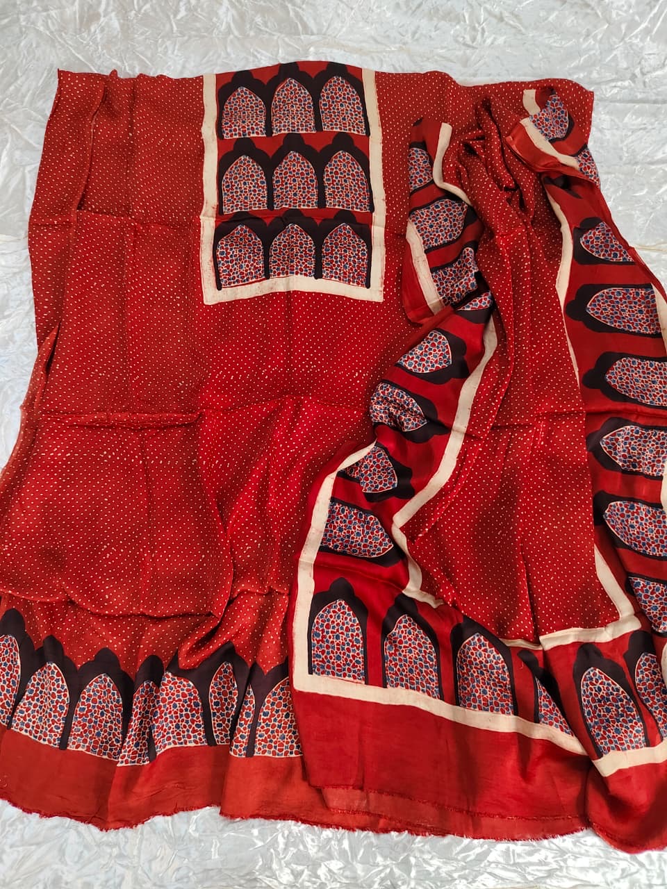 Ravishing Red Jharokha Motif Modal Silk Ajrakh Hand Block Print 2pc Suit Material Set