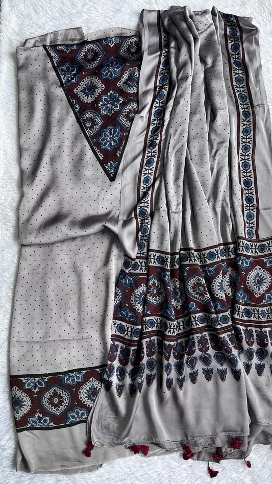 Steel Grey Shade Polka and Buti Motif Modal Silk Hand Block Print 2pc Suit Material Set