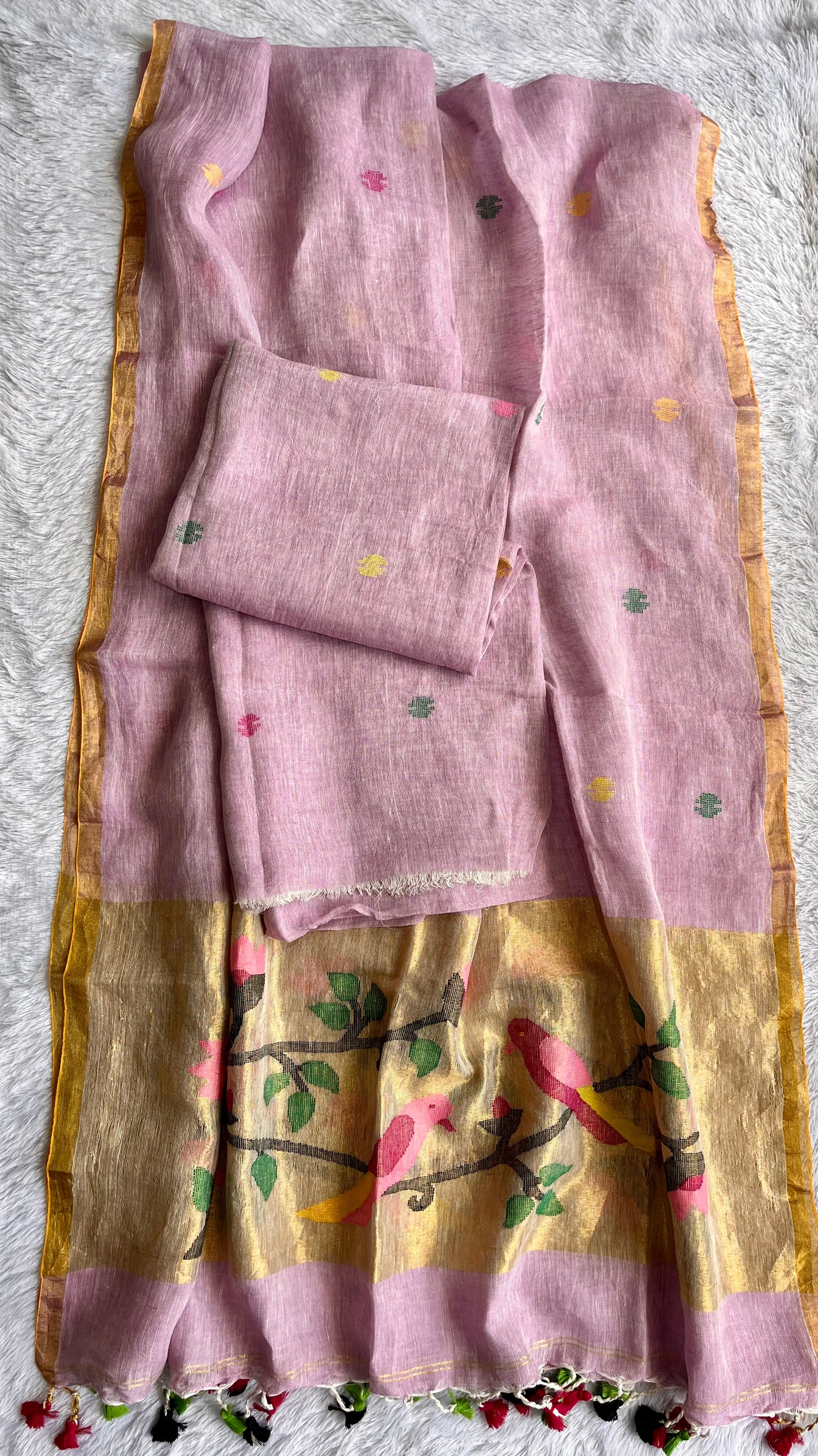 Rose Pink Paithani Unstitched Pure Linen on Linen Hand Woven Daman 2 pc Suit Set