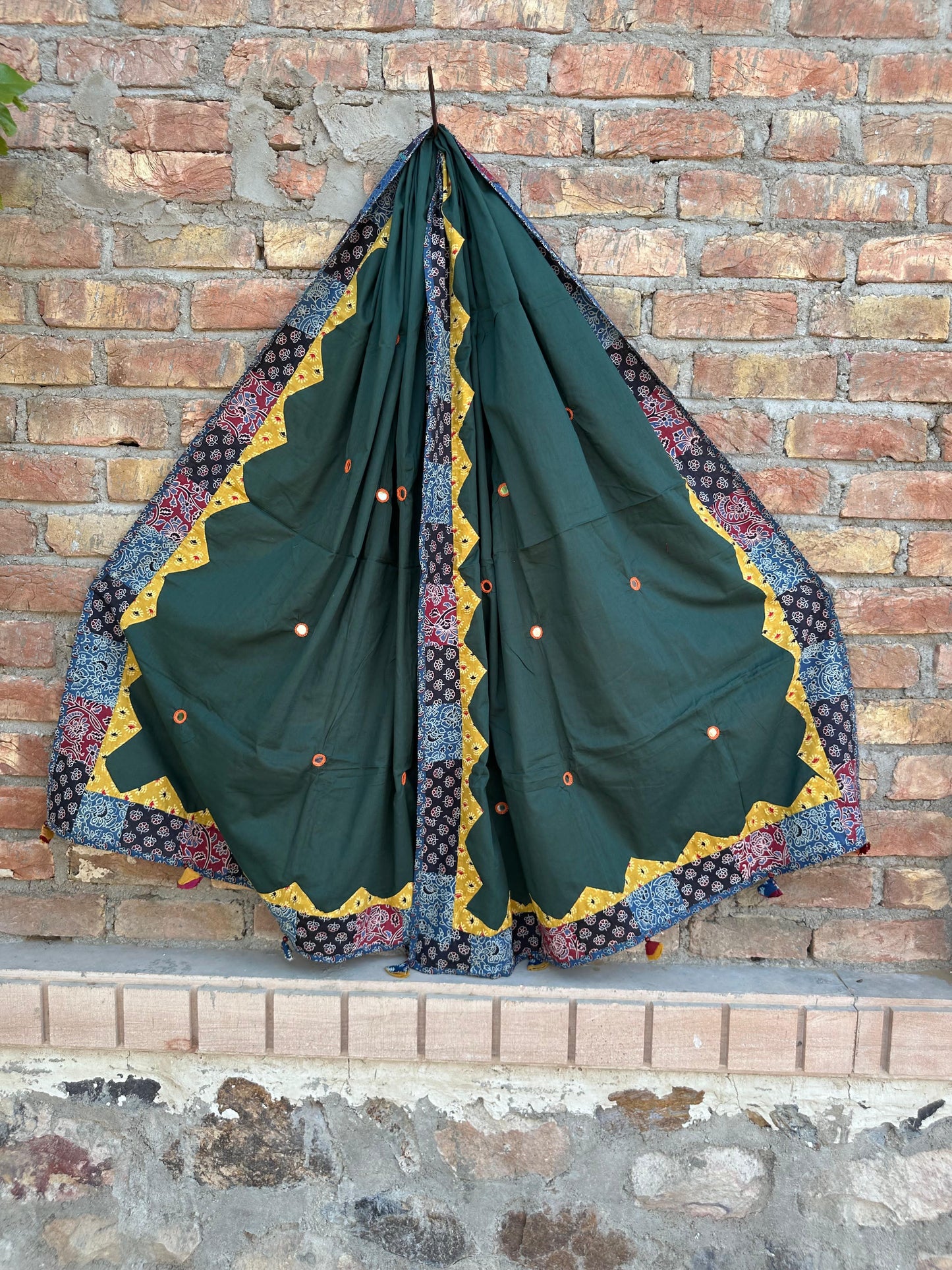 Bottle Green Ajrakh Applique Patchwork Border Cotton Dupatta with Mirror Work