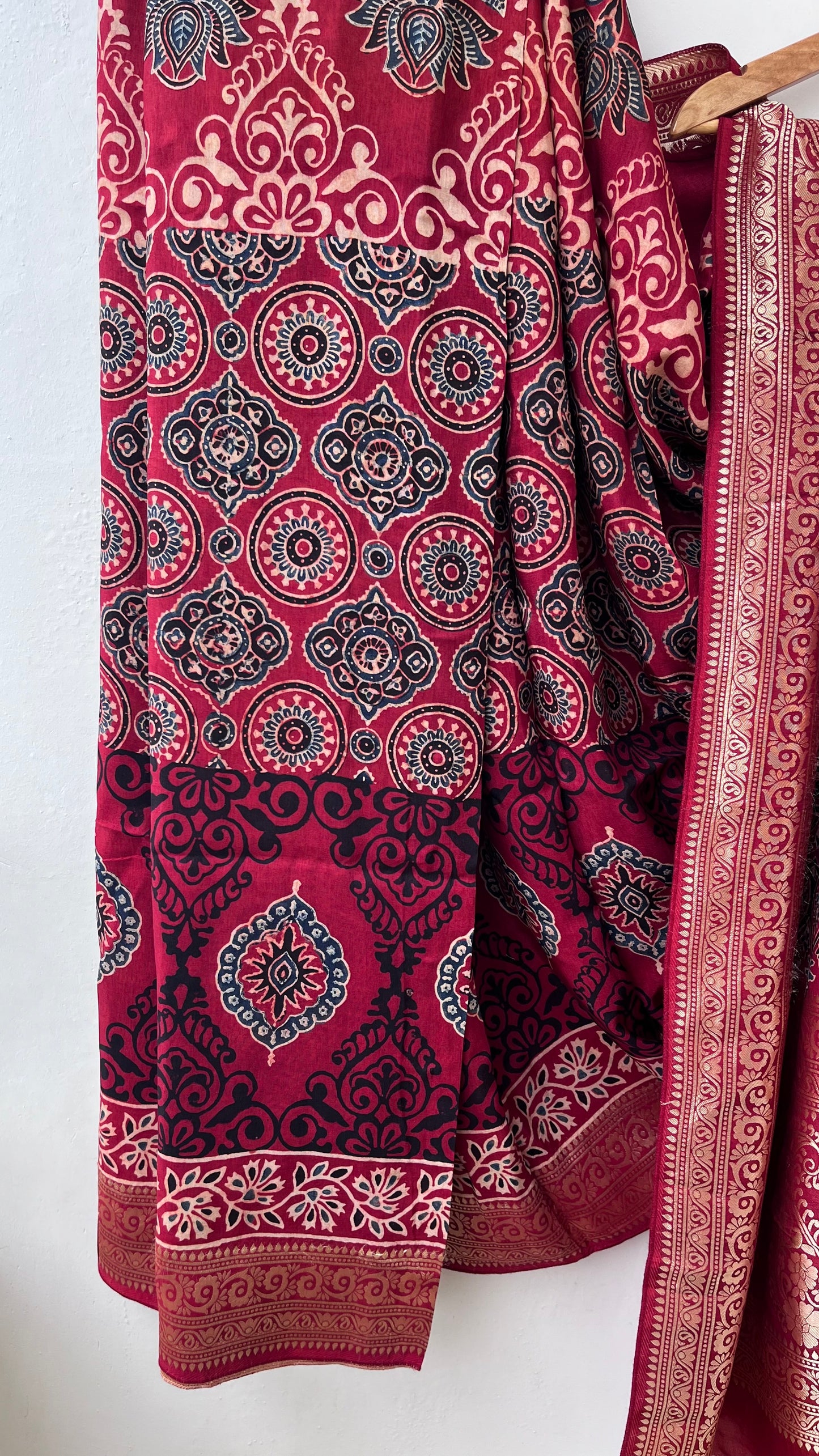 Maroon and Red Abstarct Buta Motif Ajrakh Hand Block Dola Silk Saree with Zari Pallu (With Blouse)