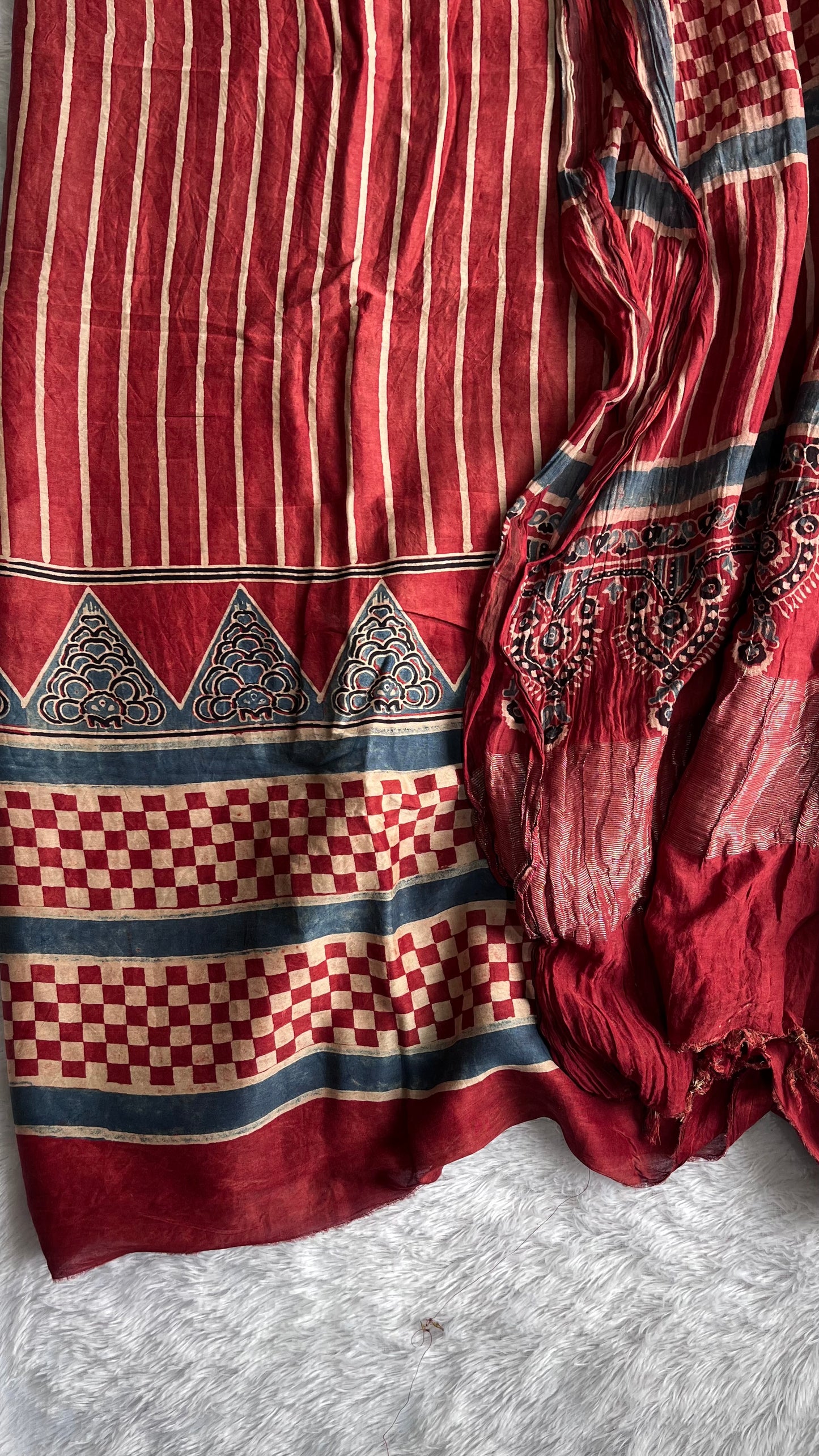 Maddar Red Dhaaridaar Chanderi Silk Cotton Ajrakh Hand Block Print 2pc Suit Material