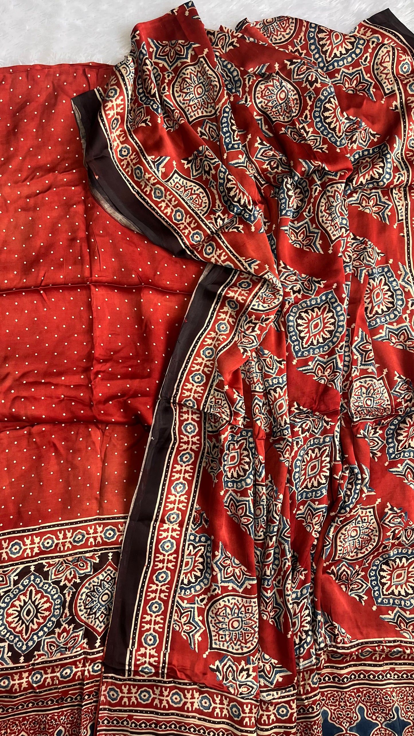 Maddar Red Buta Print Modal Silk Ajrakh Natural Dyed Hand Block Print 2pc Suit Material Set