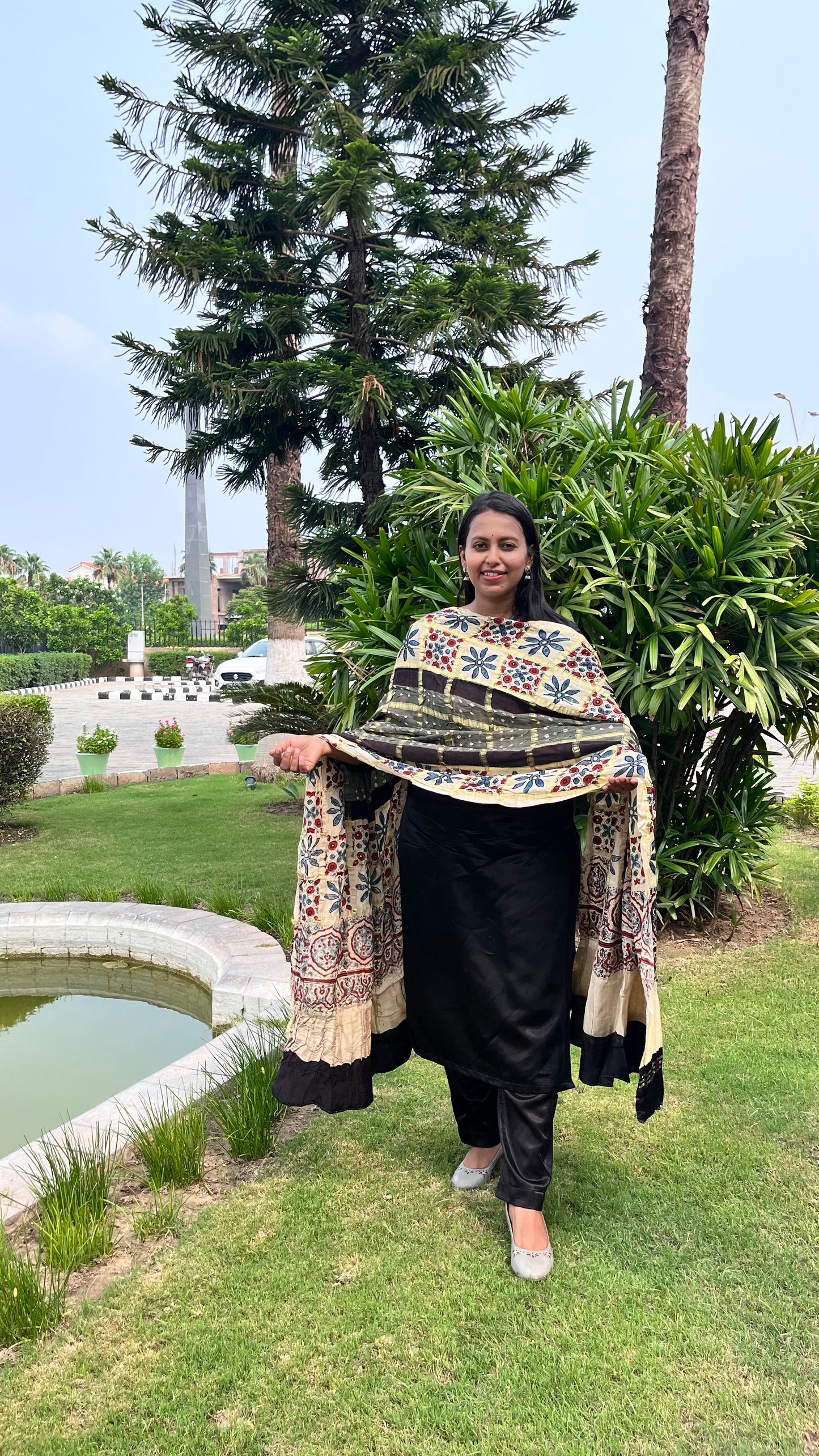 Ash Grey Gharchola Modal Silk Bandhani Ajrakh Dupatta with Lagdi Patti