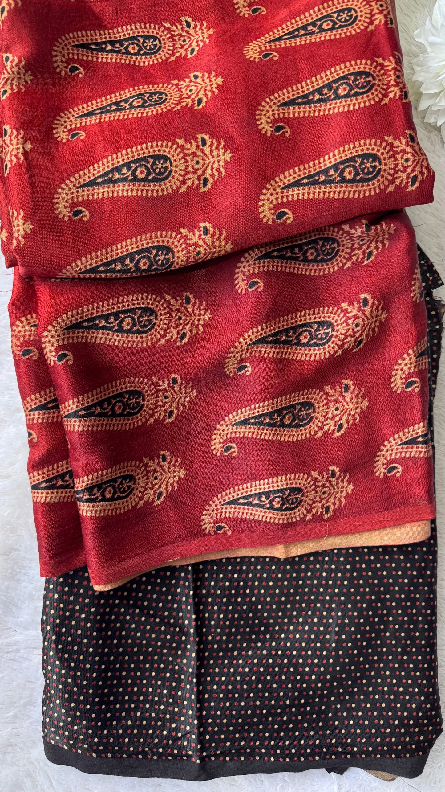 Maddar Red Mugal Boota Motif Ajrakh Mashru Silk Kurta Pant Fabric