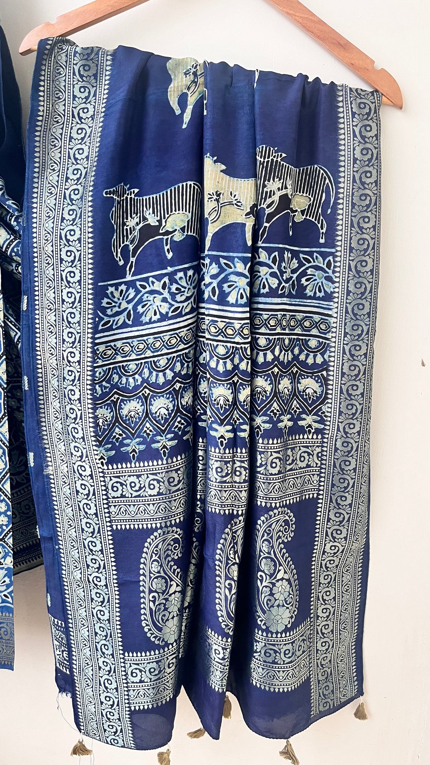 Indigo Jaal and Kamdhenu Buta Motif Ajrakh Hand Block Dola Silk Saree with Zari Pallu (With Blouse)
