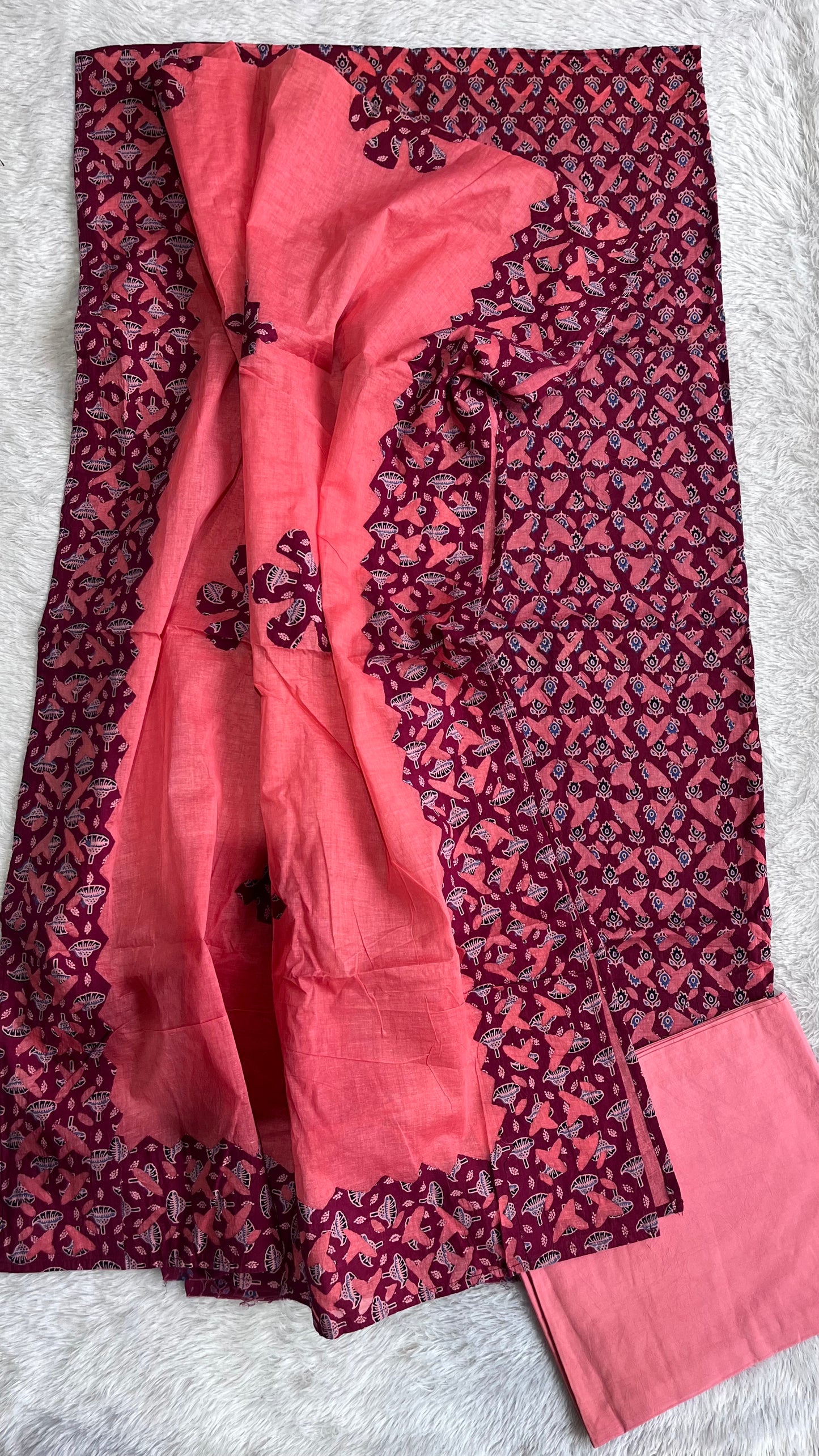 Dark Peach Barmer Applique Cut Work 3 pc Cotton Suit Material Set