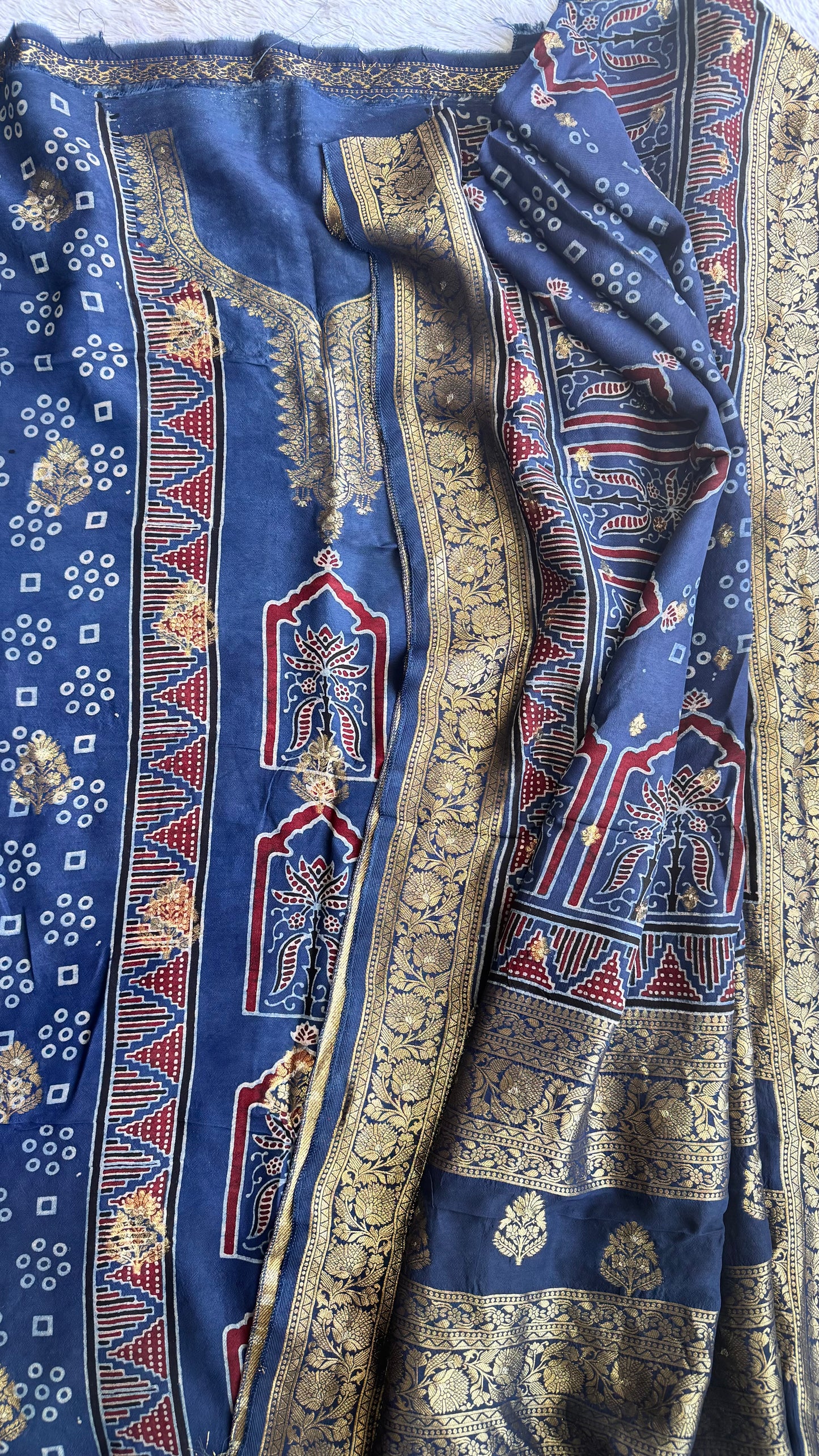 Blue Jharokha Boota Pure Dola Silk Ajrakh Hand Block Print 2pc Suit Material Set with Zari Yoke and Nakkashi Dupatta