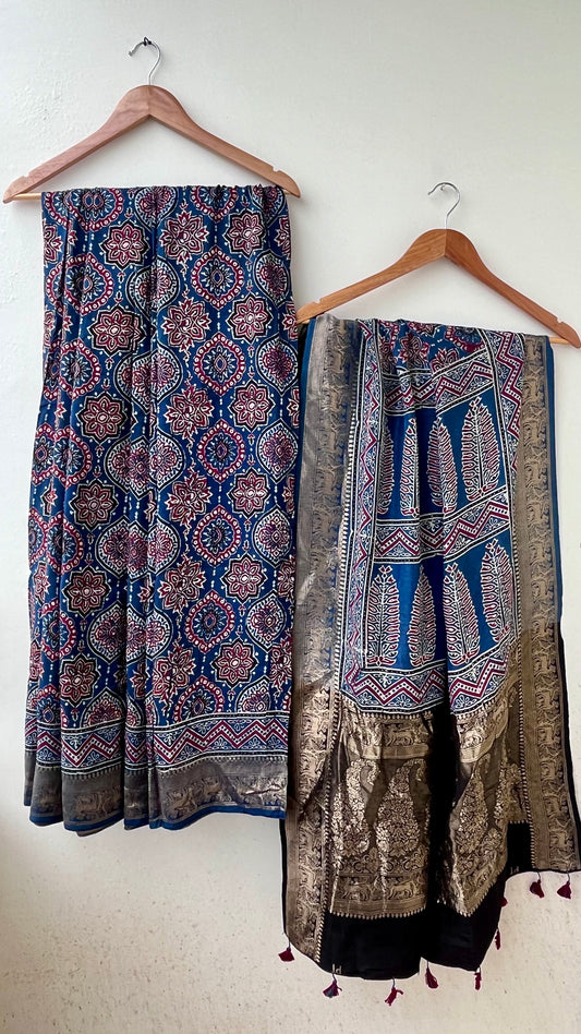 Blue Badaam Buta Motif Ajrakh Hand Block Dola Silk Saree with Zari Pallu (With Blouse)