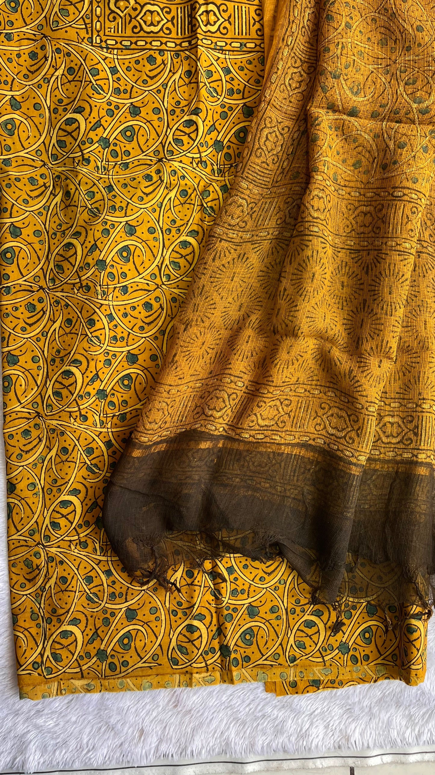 Turmeric Yellow Pure Cotton Ajrakh Unstitched Suit Set with Ajrakh Kota Doria Dupatta