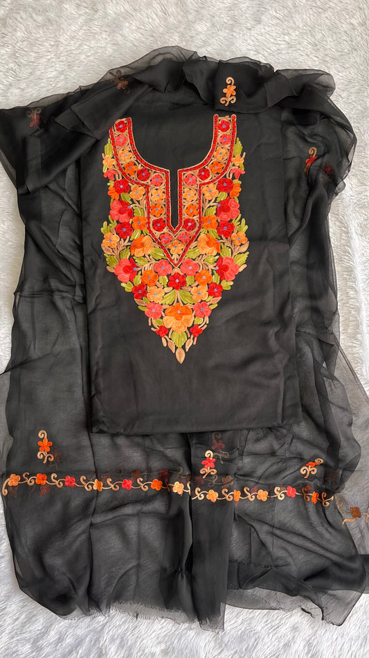 Majestic Black Multicolour Muslin Cotton Kashmiri Aari Embroidered 3pc Suit Set