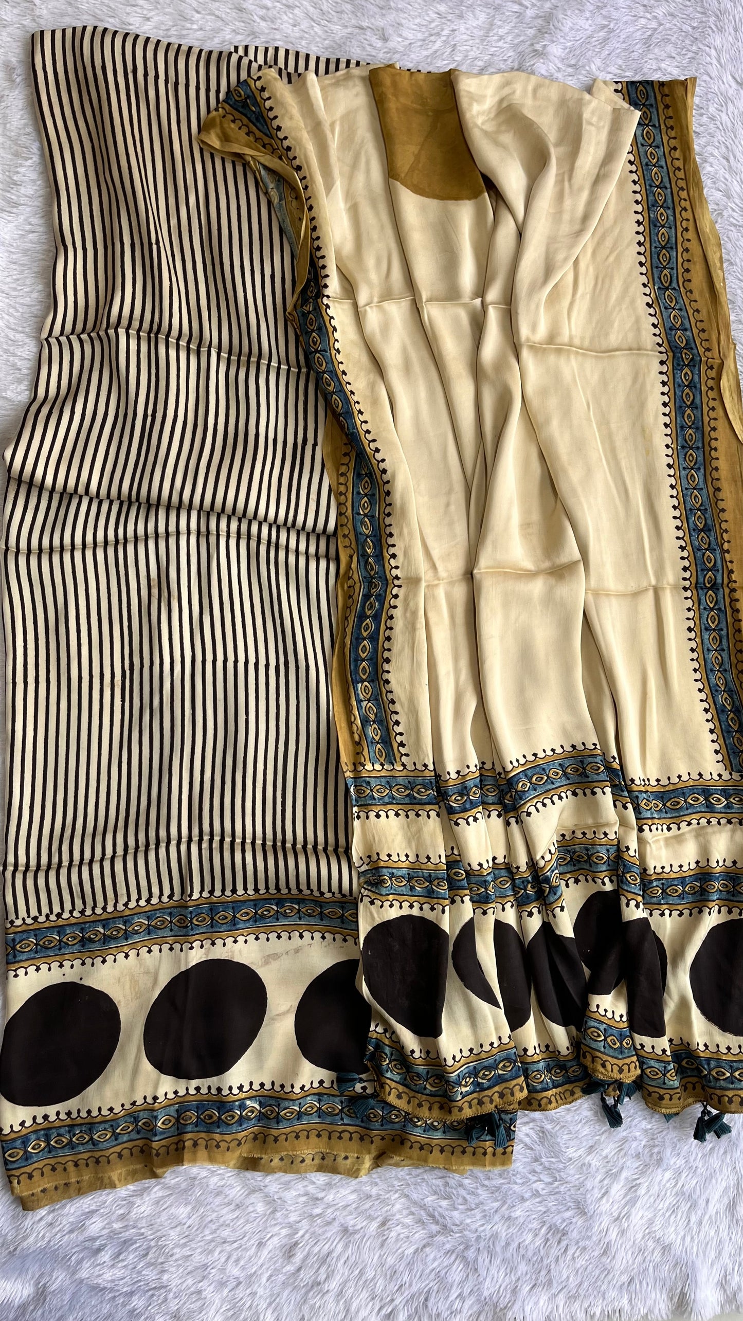Off white and Blavk Solid Shade Dhaari Motif Modal Silk Suit Material with Ajrakh Modal Dupatta