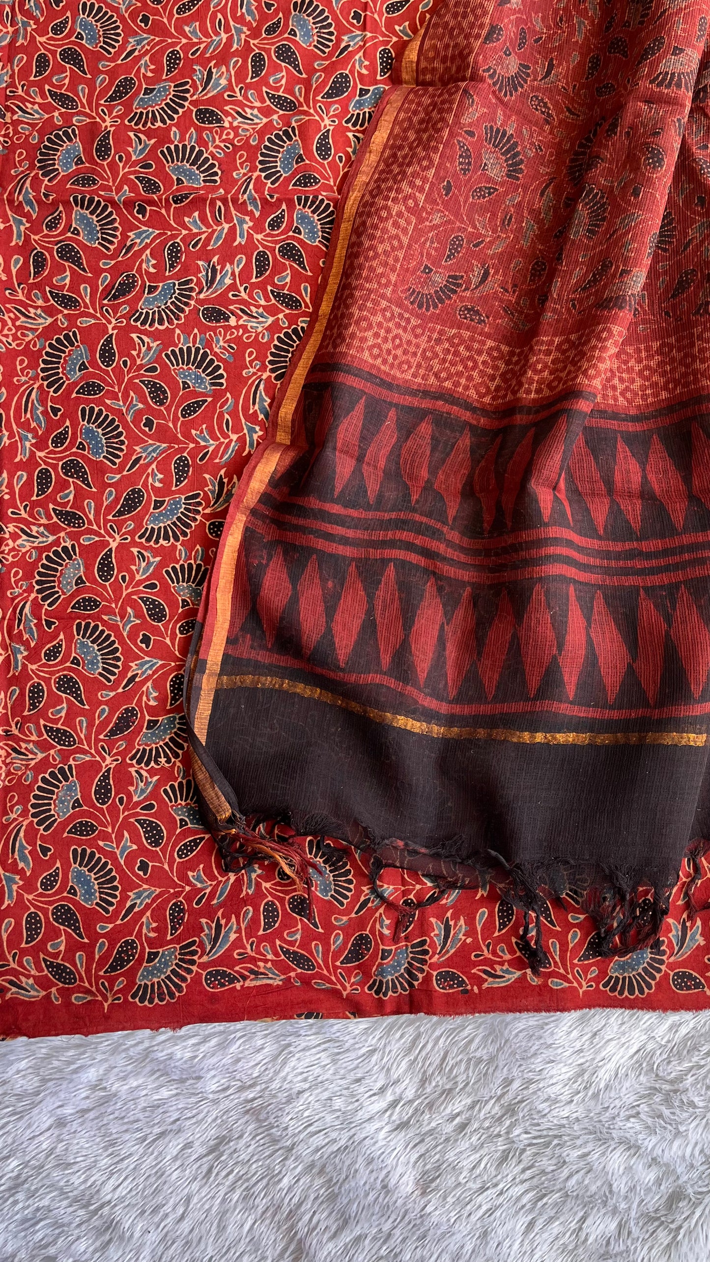 Maddar Red Pure Cotton Ajrakh Unstitched Suit Set with Ajrakh Kota Doria Dupatta