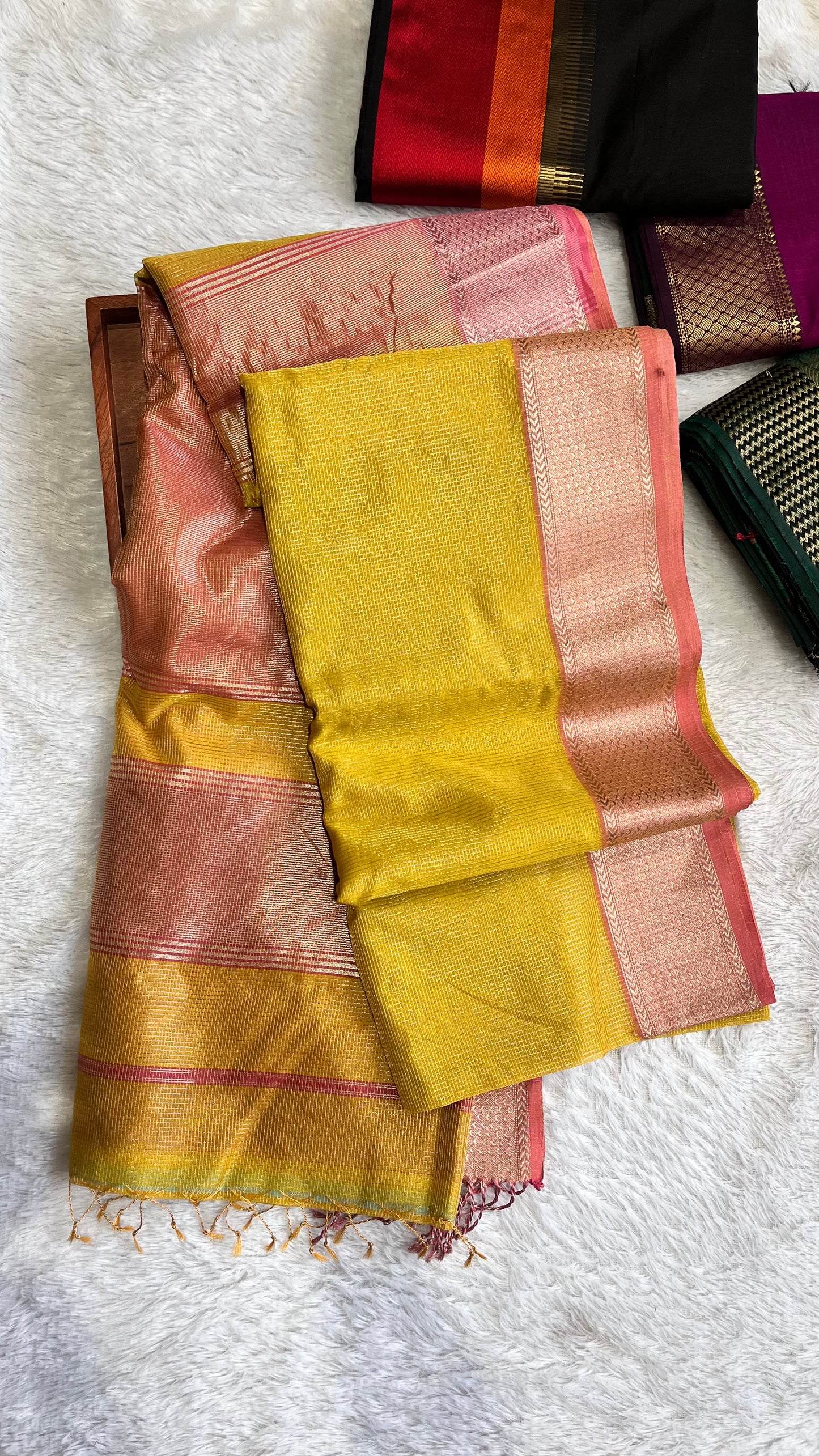 Sunshine Yellow with Pink Zari Border Handwoven Maheshwari Tissue Silk Saree
