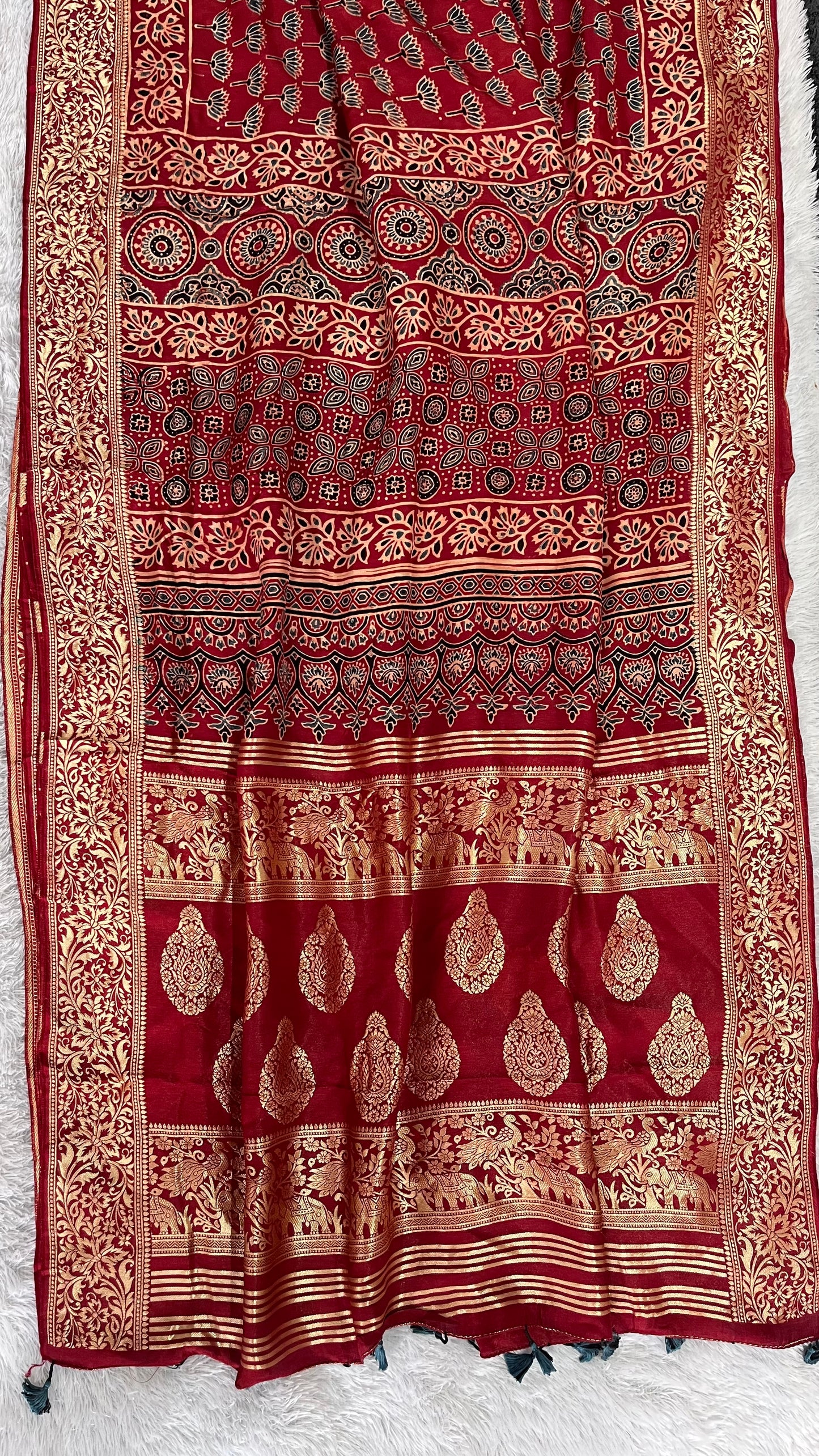 Brick Red Kamal Buta Motif Ajrakh Hand Block Dola Silk Saree with Zari Pallu (With Blouse)