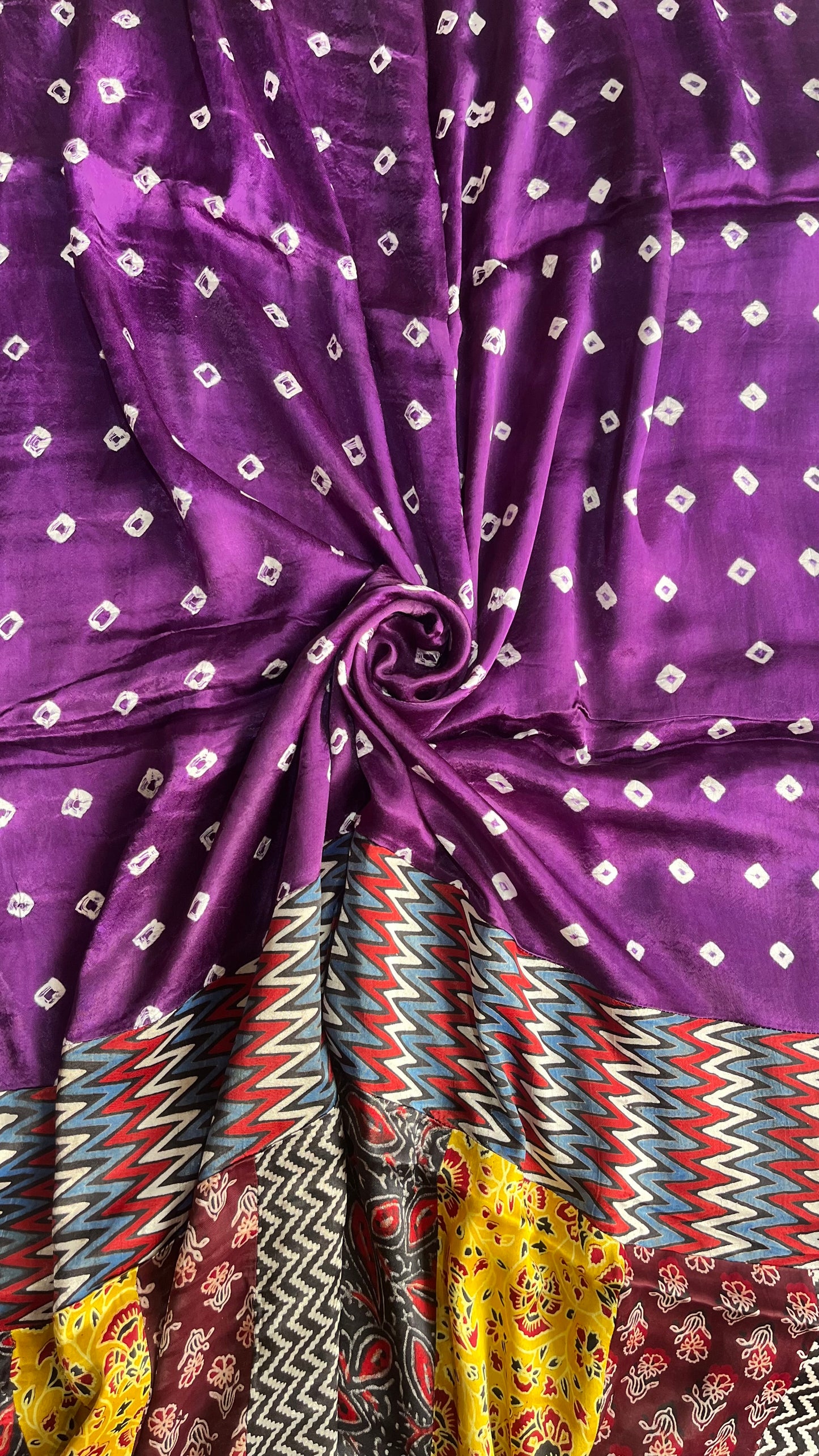 Deep Purple Bandhej Ajrakh Applique Patchwork Modal Silk Dupatta with Tassels