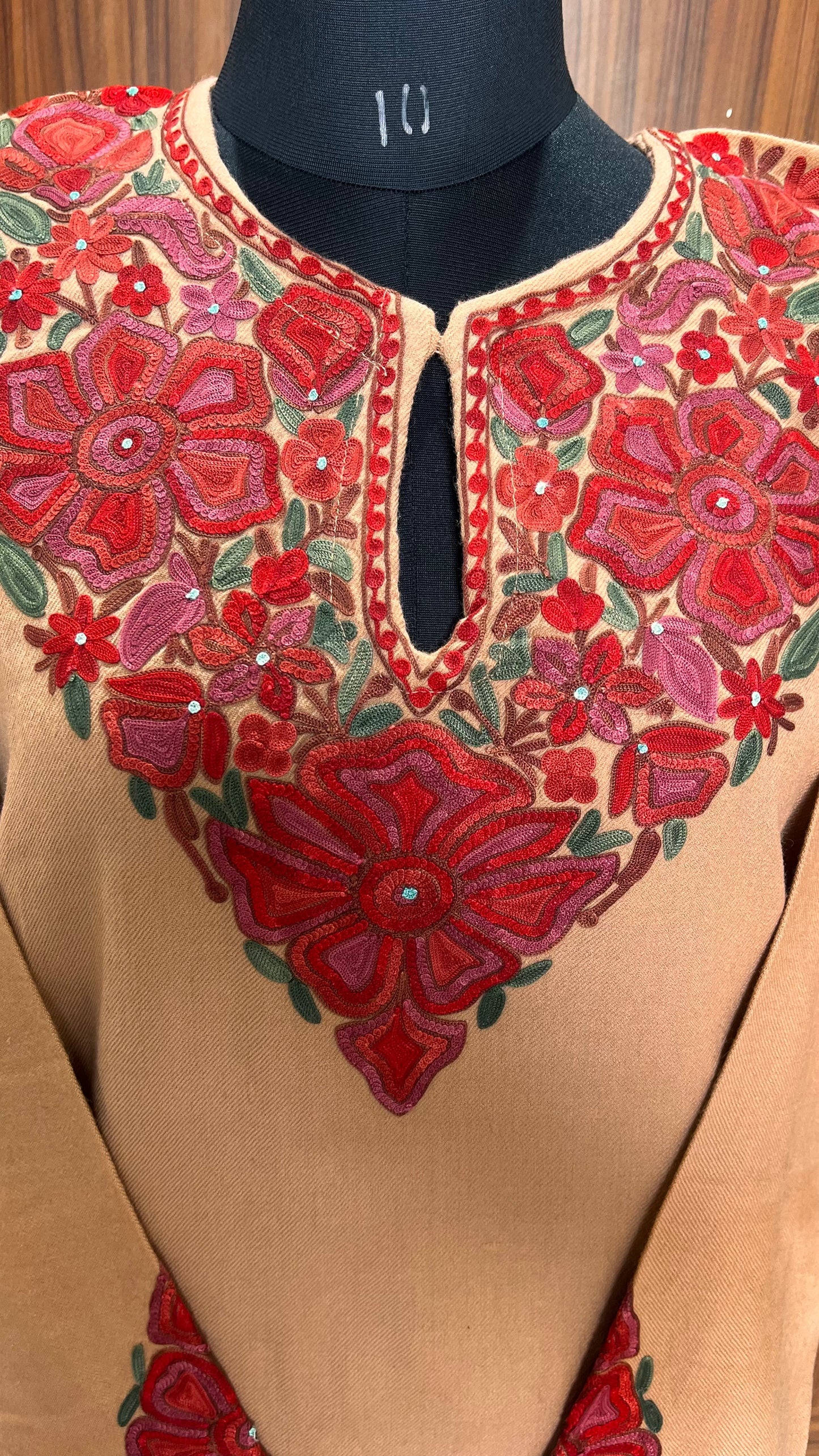 Beige Shade Aari Hand Embroidered Pure Marino Wool Pheran with Pockets