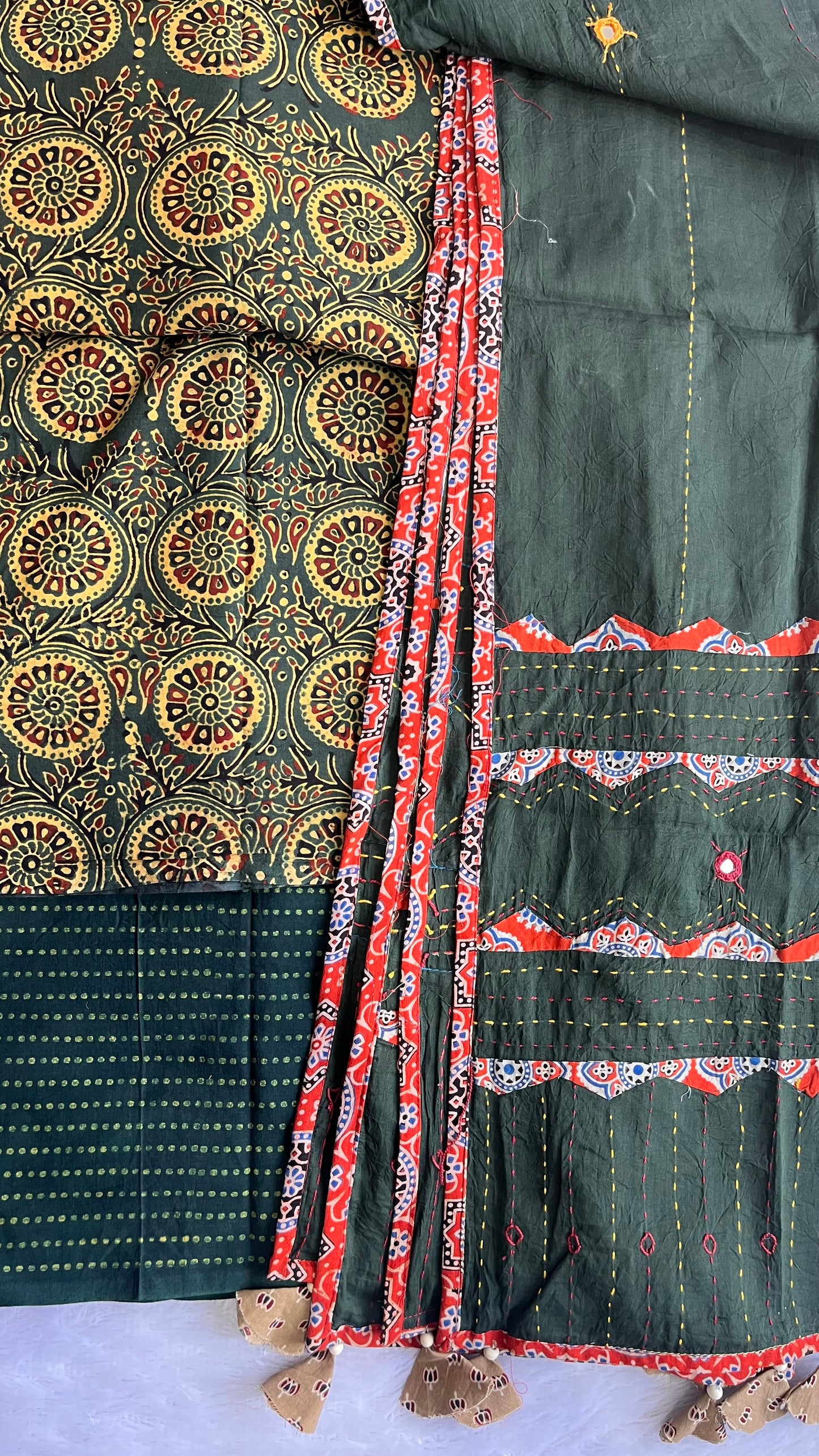 Green Jaal Buti Ajrakh Unstitched Suit Set with Cotton Applique Work Dupatta
