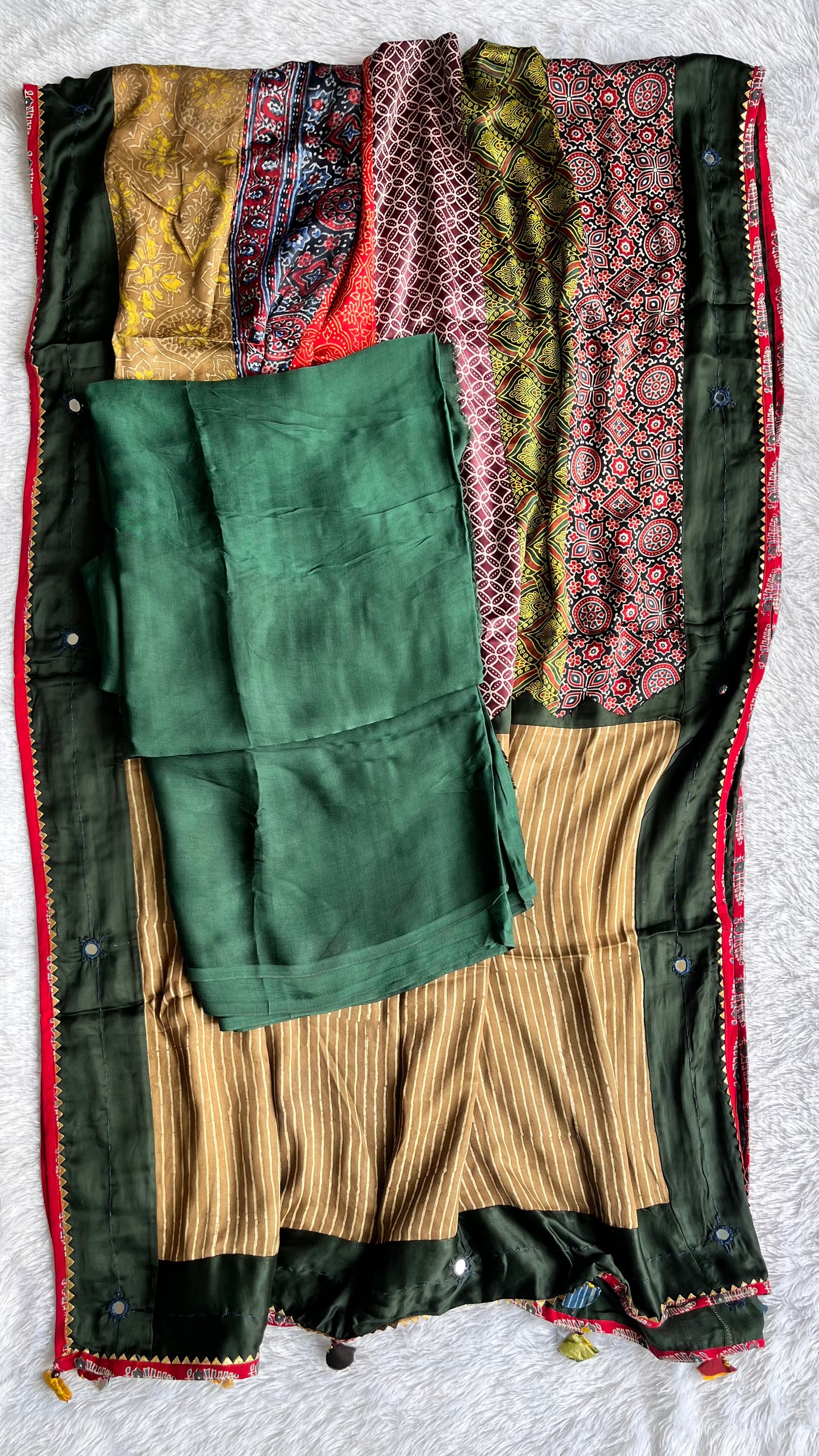 Green Solid Shade Modal Silk Ajrakh Hand Block Print 2pc Suit Material Set with Applique Work Dupatta