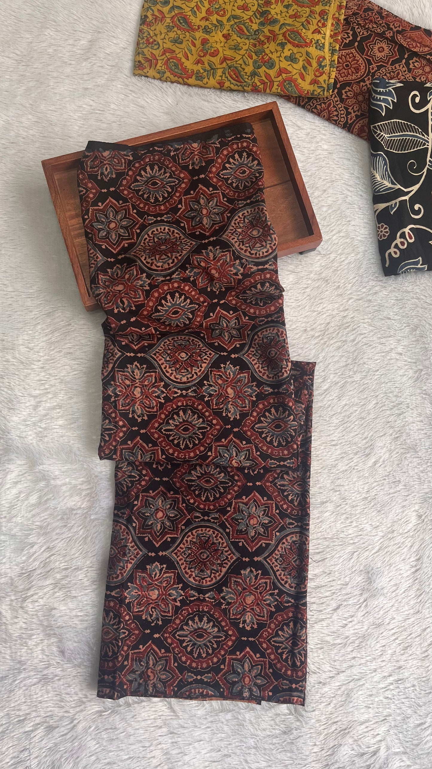 Black Badaam Buti Motif Ajrakh Hand Block Printed Cotton Blouse Fabric