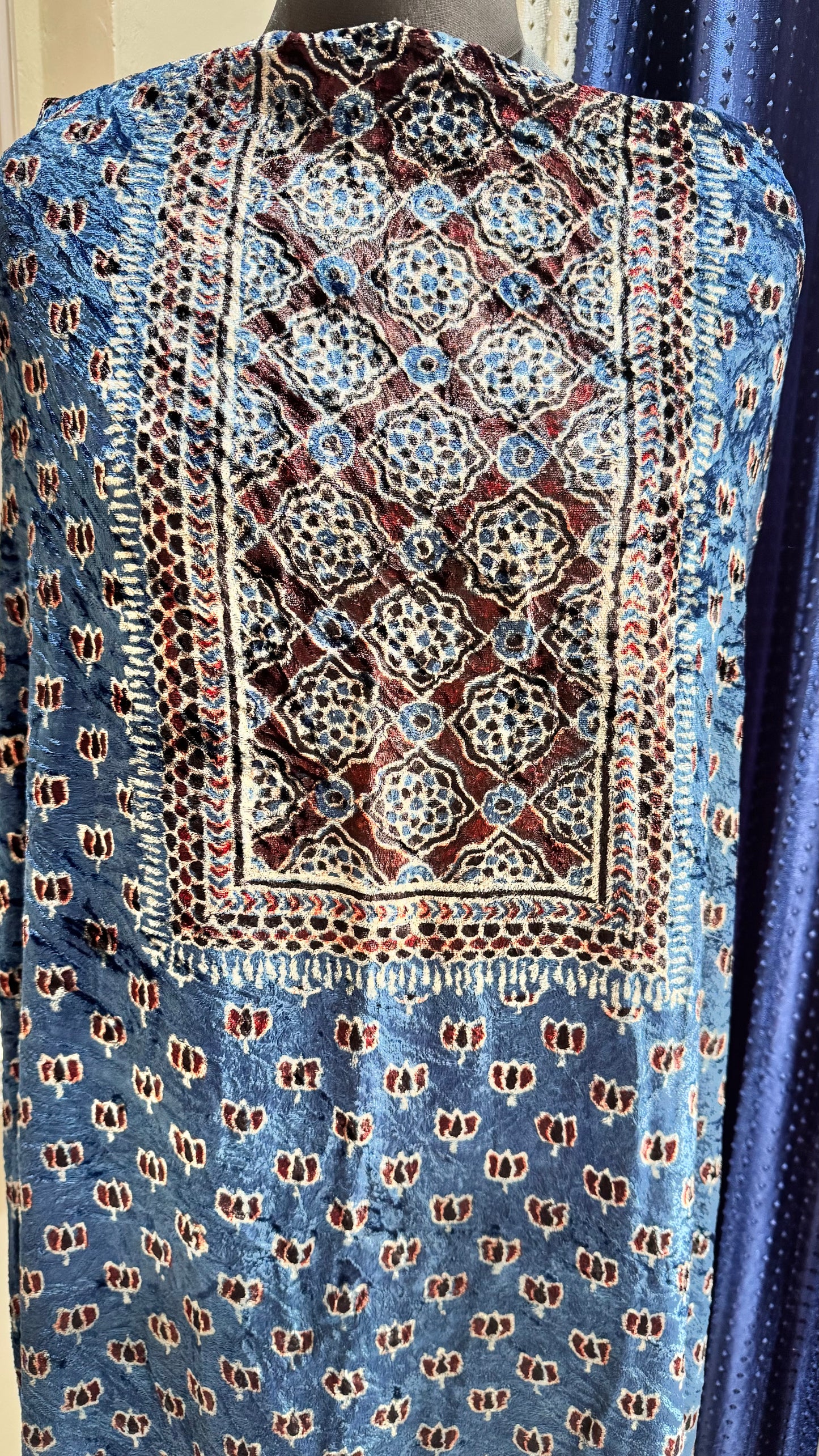 Deep Blue Kamal Buta Velvet Fabric Ajrakh Hand Block Print Designer Unstitched Fabric (Kurta Only)