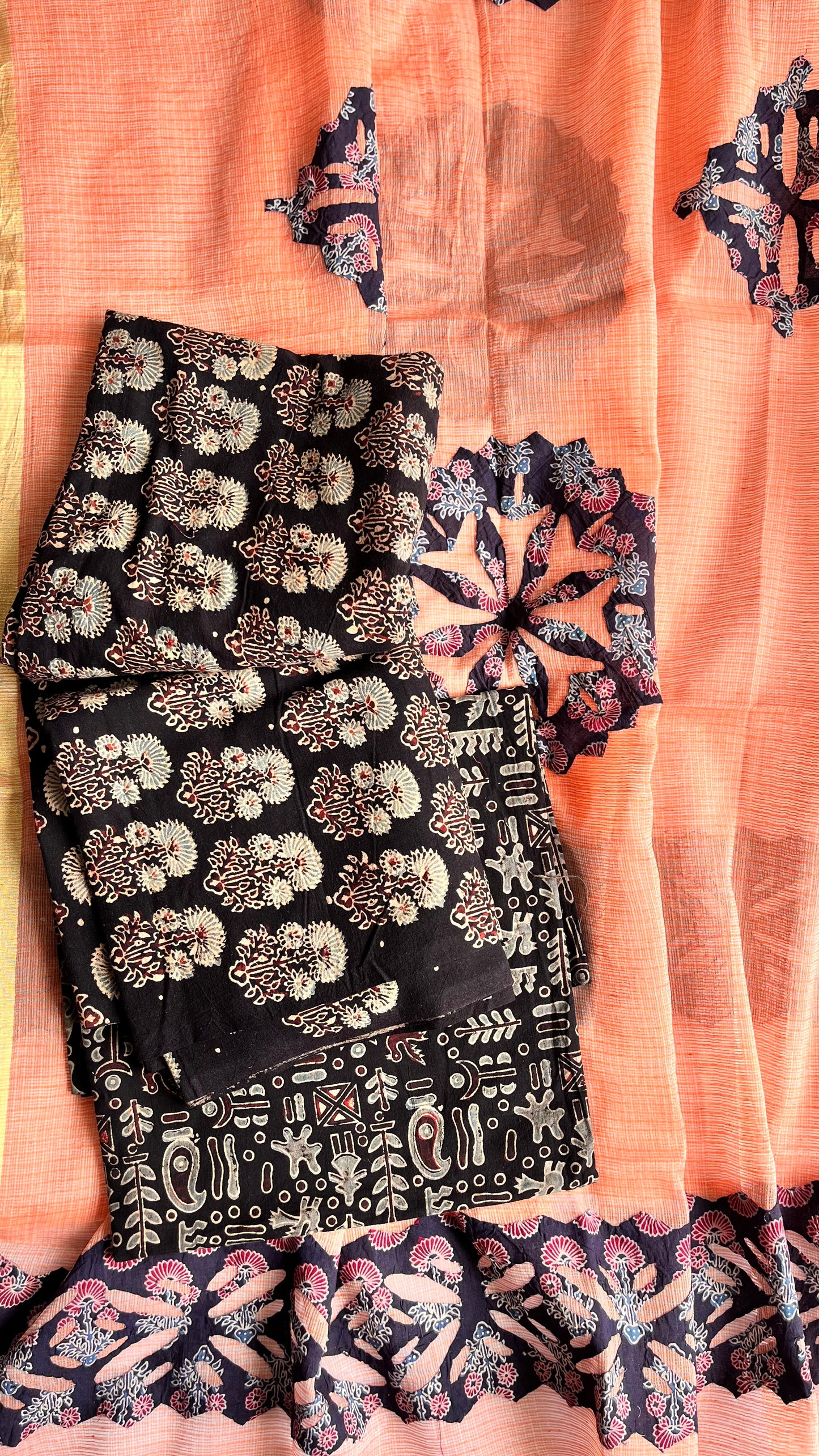 Black Mugal Booti Pure Cotton Ajrakh Unstitched Suit Set with Ajrakh Applique Kota Dupatta