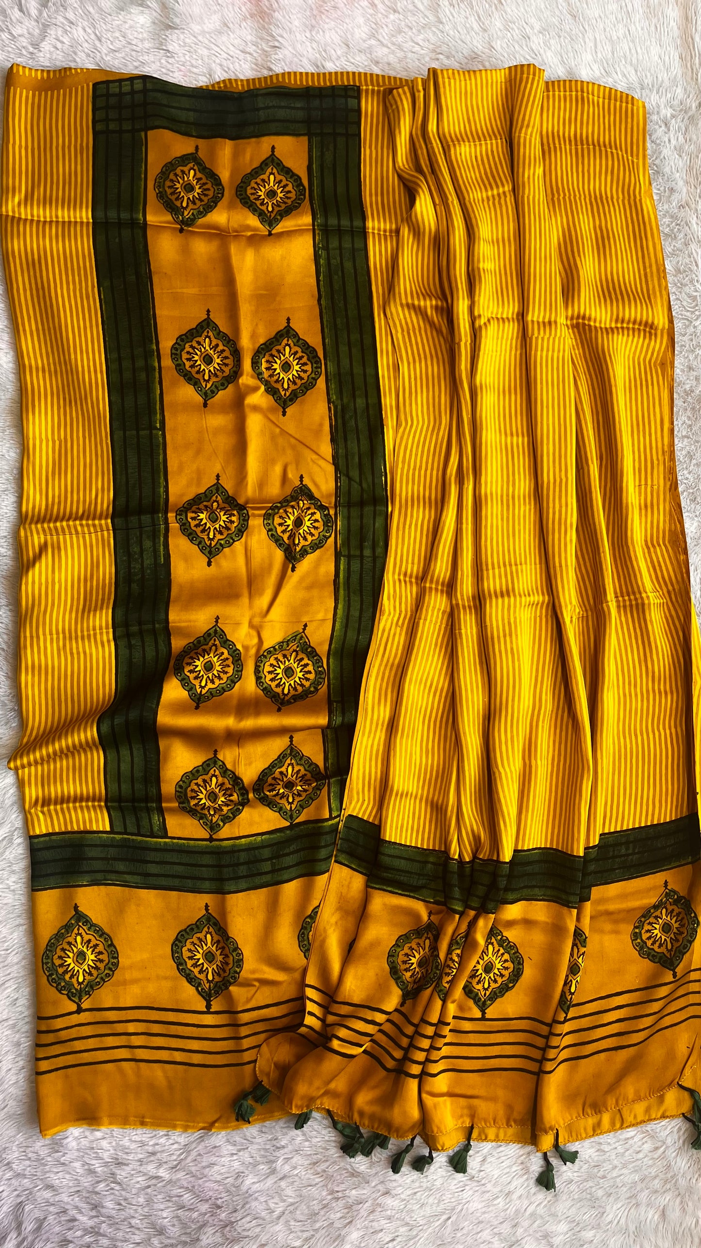 Turmeric Yellow and Green Modal Silk Ajrakh Hand Block 2 pc Suit Set