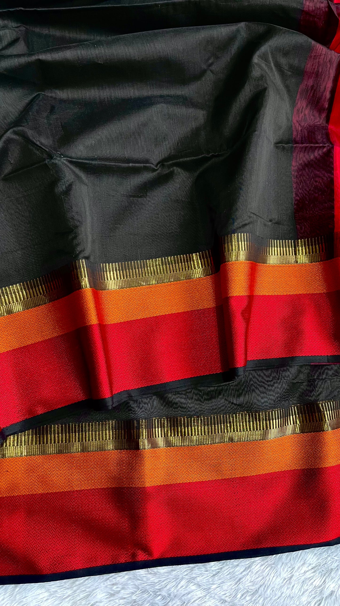 Black with Dazzling Red Zari Border Handwoven Maheshwari Silk Saree