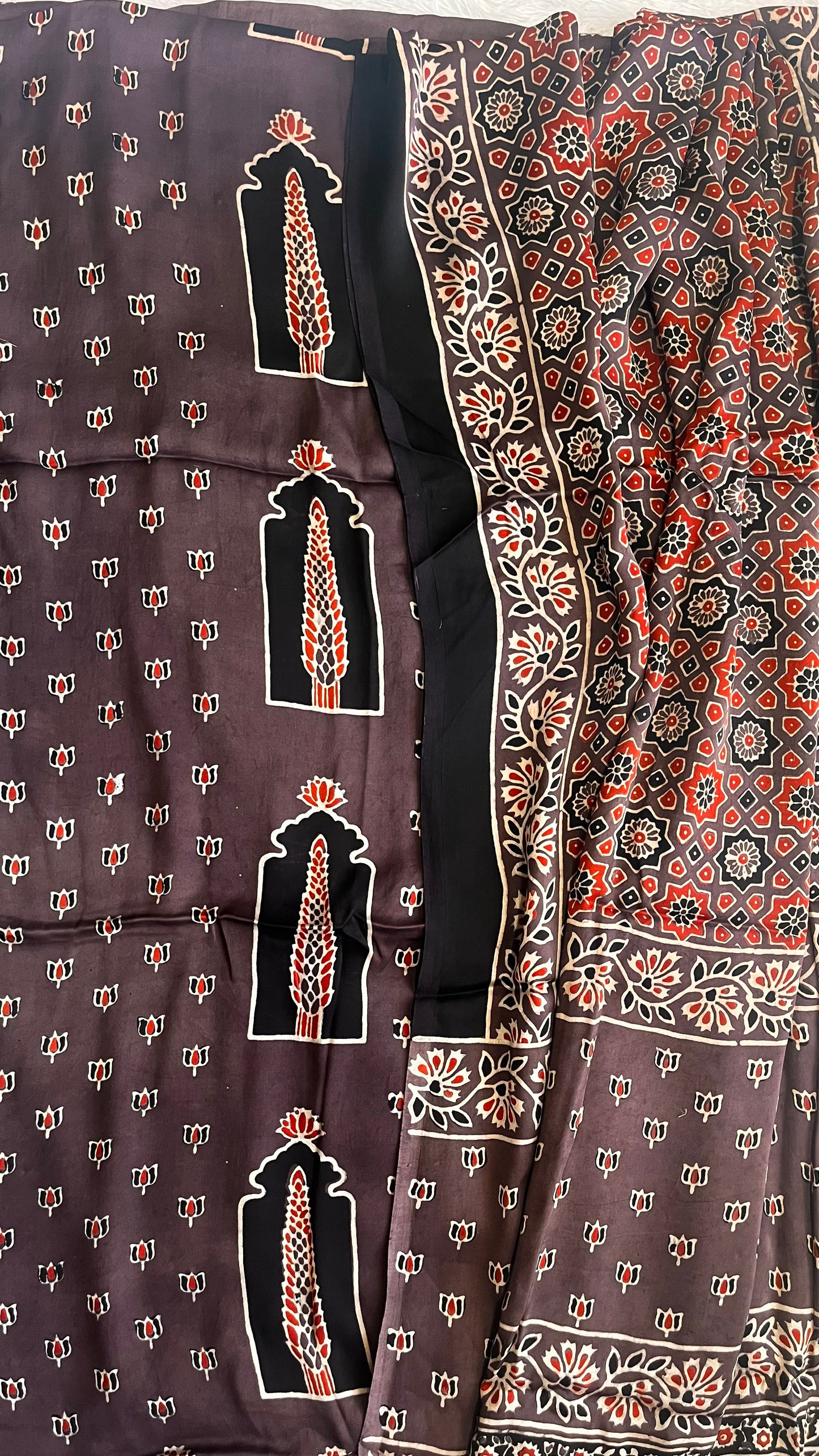 Rasin Shade Jharokha Motif Modal Silk Ajrakh Natural Dyed Hand Block Print 2pc Suit Material Set