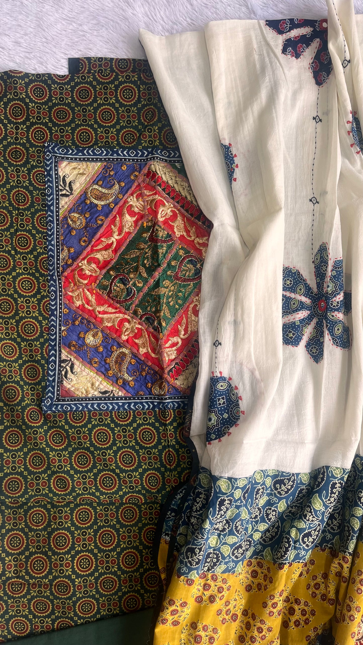 Green and Off White Ajrakh Unstitched Suit Set with Multicolour Ajrakh Applique Patchwork Cotton Dupatta