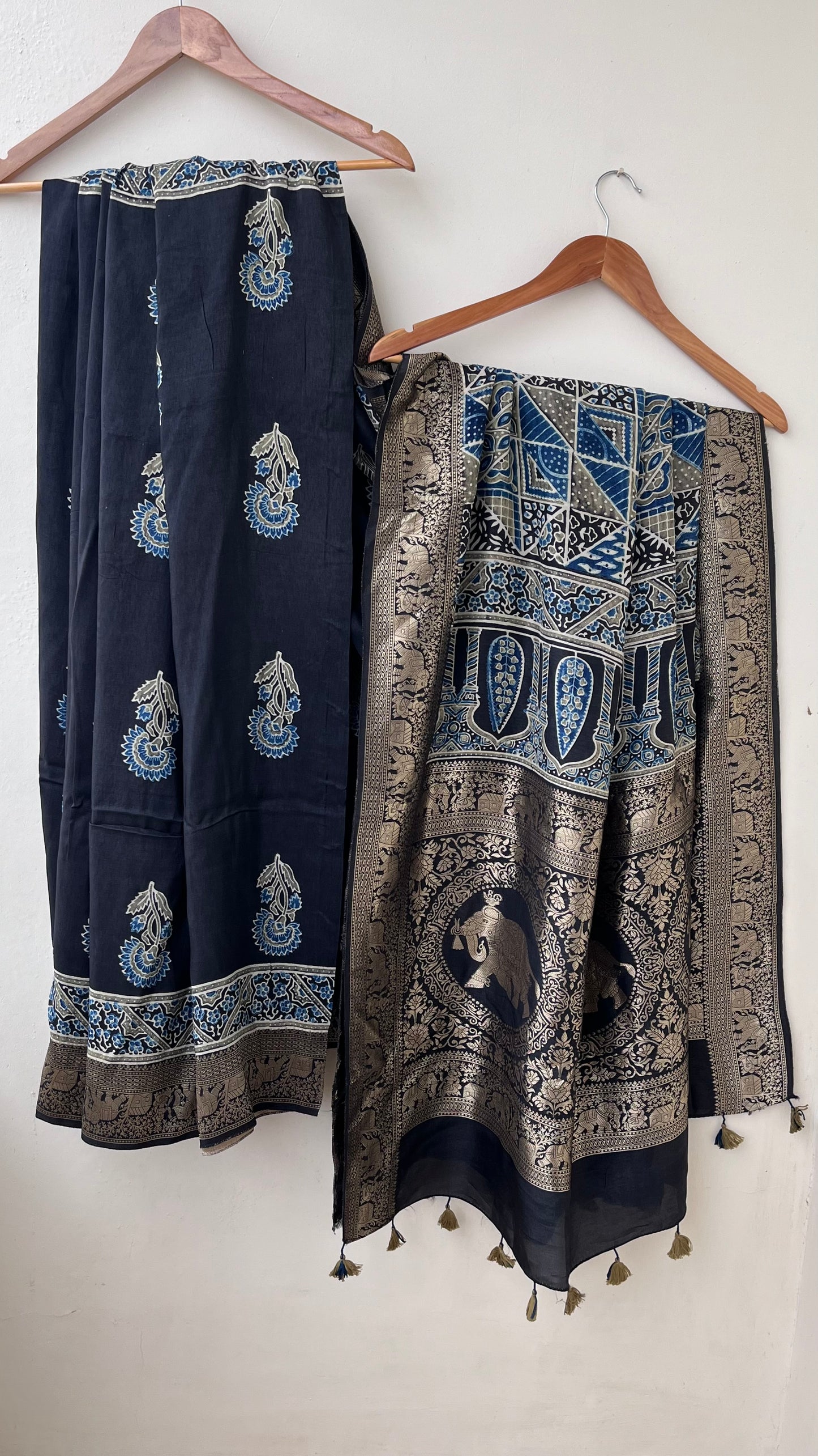 Black Mugal Buta Motif Ajrakh Hand Block Dola Silk Saree with Zari Pallu (With Blouse)