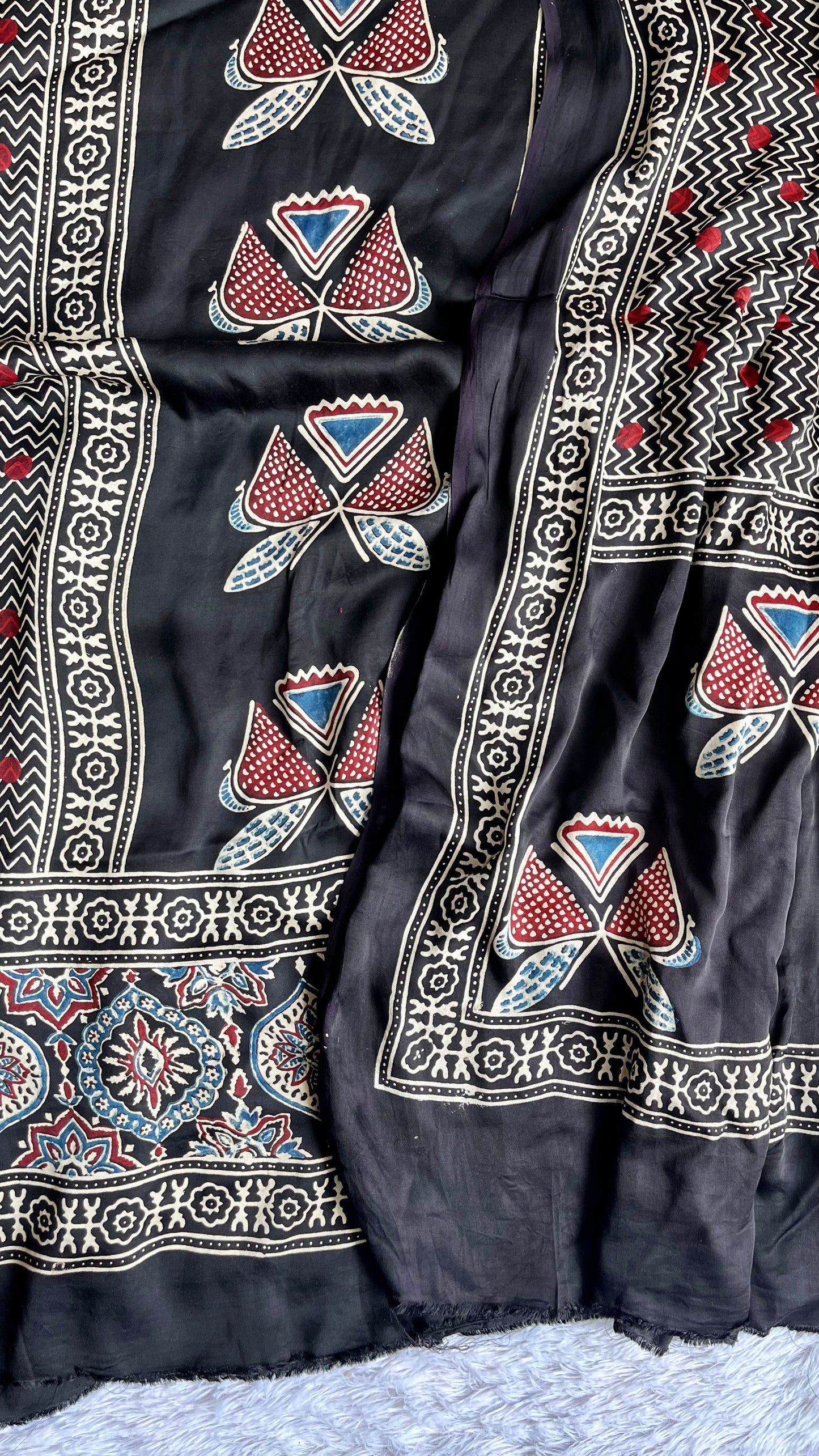 Black Butterfly and Badaam Buta Motif Modal Silk Suit Material with Ajrakh Modal Dupatta