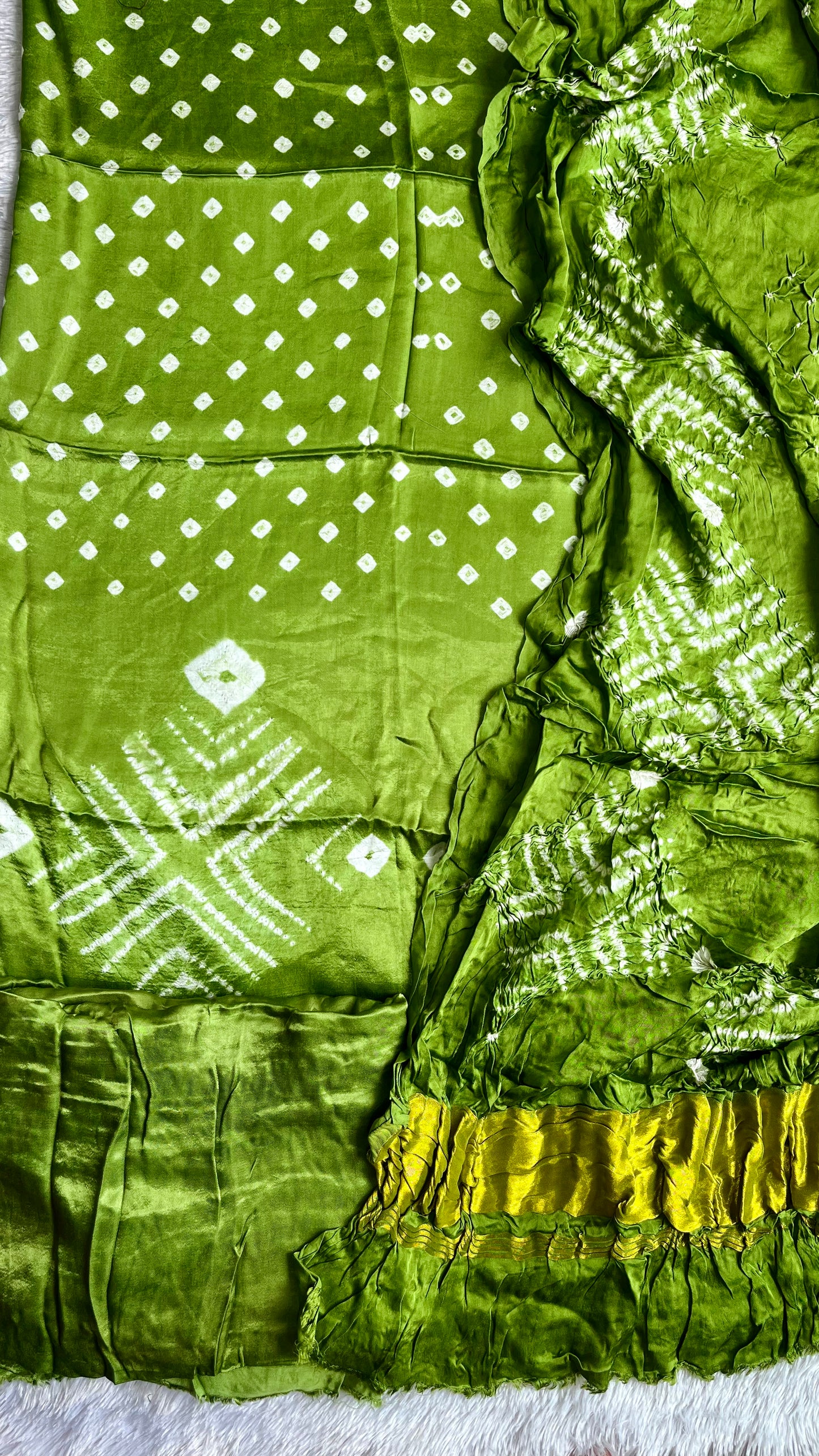 Kairi Green Bandhej Semi Modal Silk 3 pc Suit Set with Lagdi Patti Dupatta