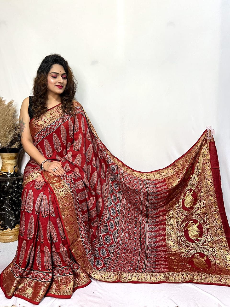 Red Asopallav Buta Motif Ajrakh Hand Block Dola Silk Saree with Zari Pallu (With Blouse)