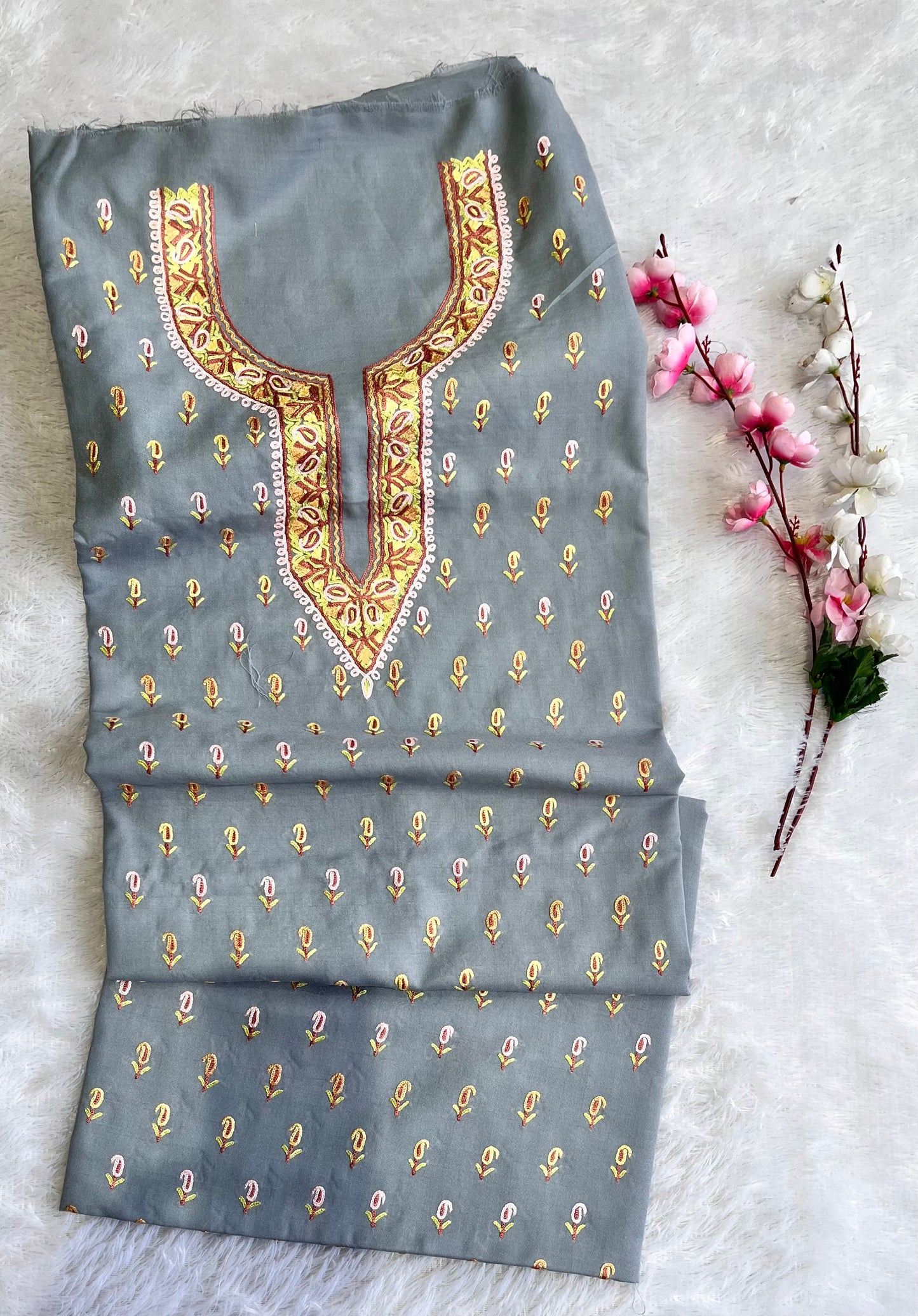 Steel Grey with Multicoloured Thread work Pure Cotton Kashmiri Aari Embroidered Co Ord 2 pc Set