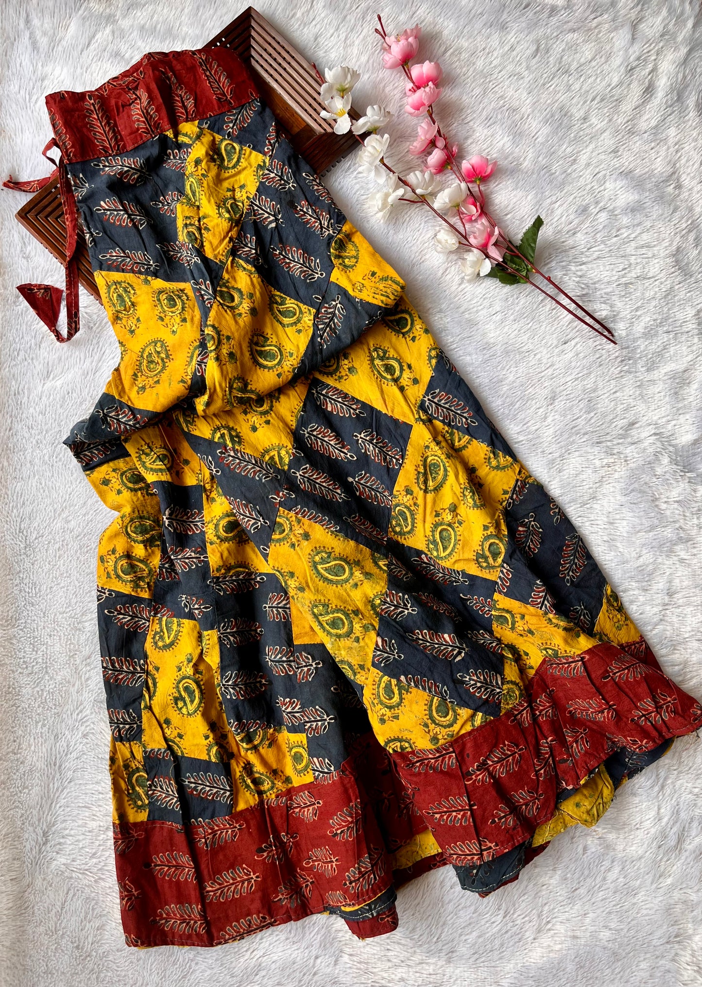 Blue and Yellow Long Flared Ajrakh Pure Cotton Skirt