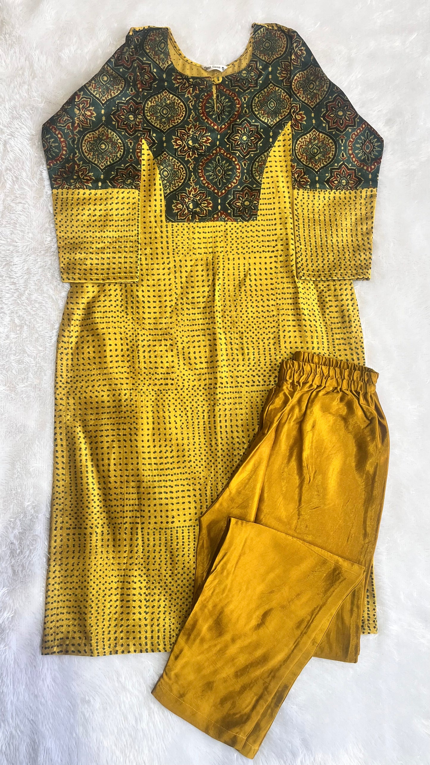 Yellow and Green Mashru Silk Ajrakh Hand Block Print Kurta Pant Set