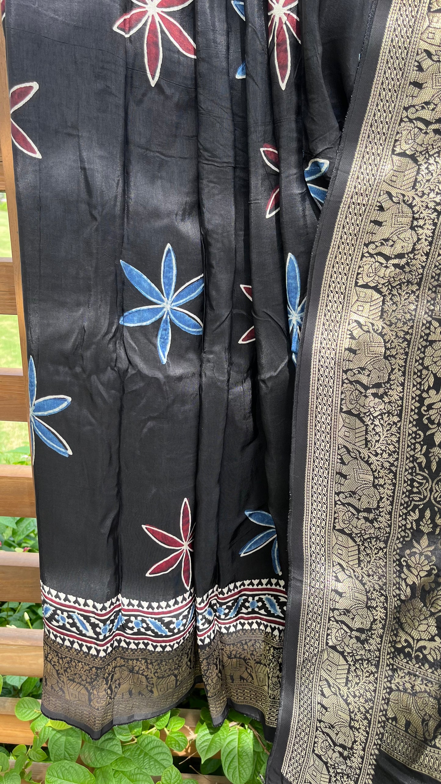 Black Flower Buta Motif Ajrakh Hand Block Dola Silk Saree with Zari Pallu (With Blouse)